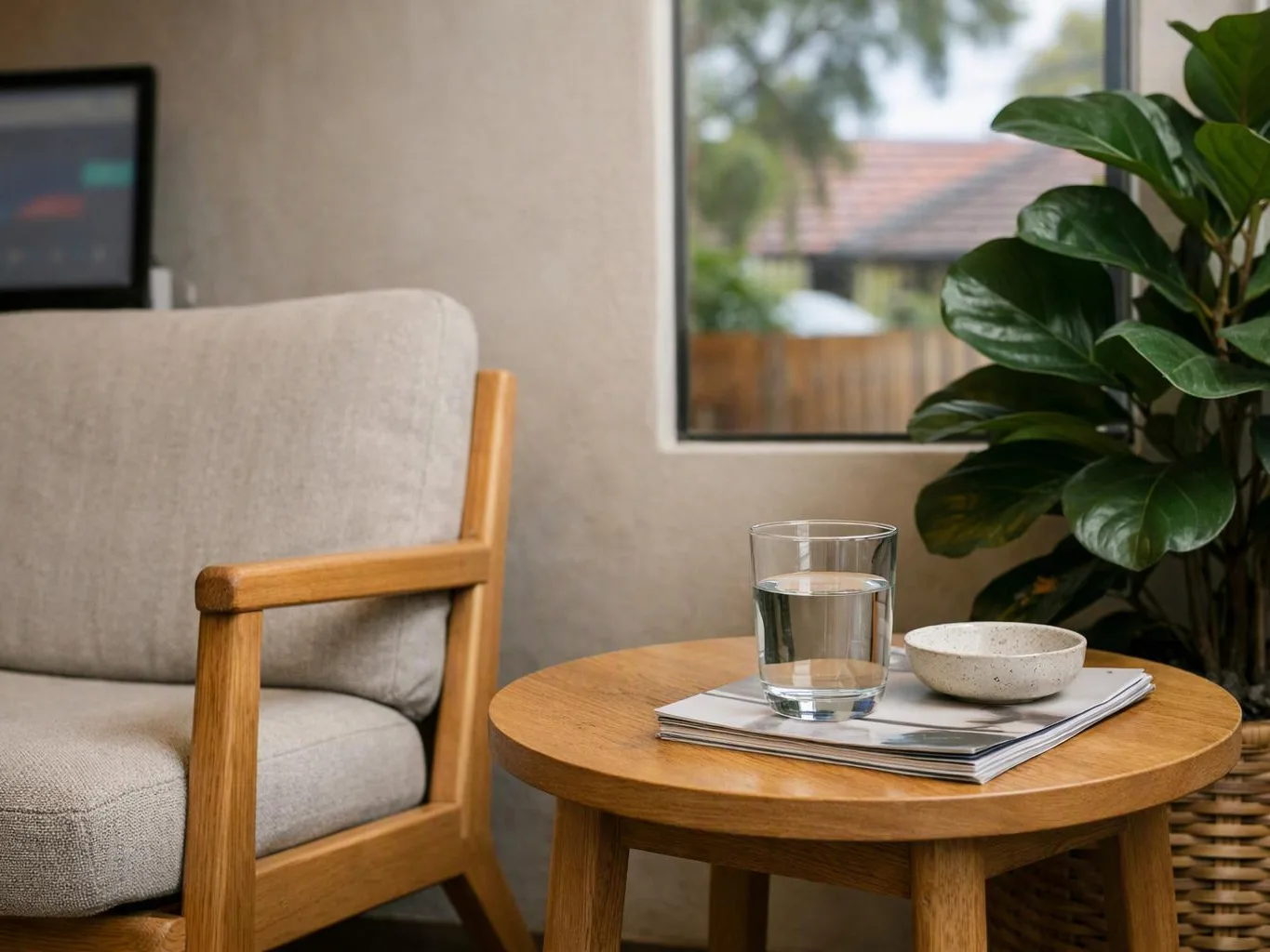 A beige armchair sits beside a round wooden table with a glass, bowl, magazines, and a leafy plant by a window