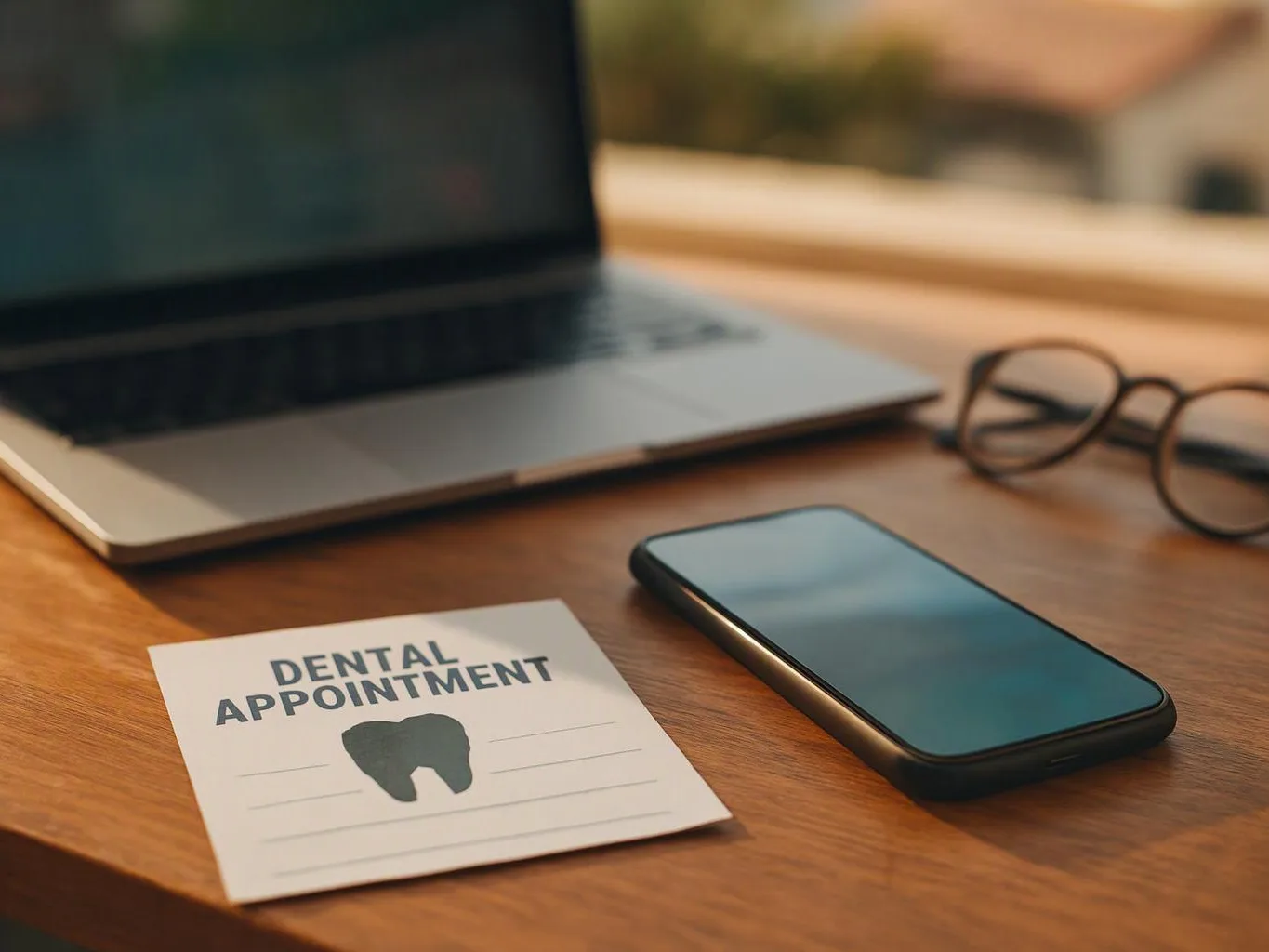 A desk holds a laptop, smartphone, eyeglasses, and a card reading “DENTAL APPOINTMENT” with a tooth icon
