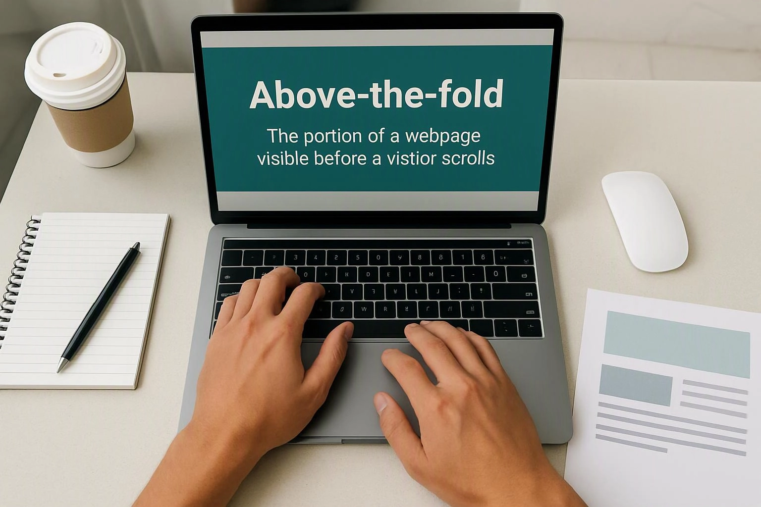 Hands type on a laptop showing “Above-the-fold” on a tidy desk with a notebook, coffee cup, mouse, and paper layout