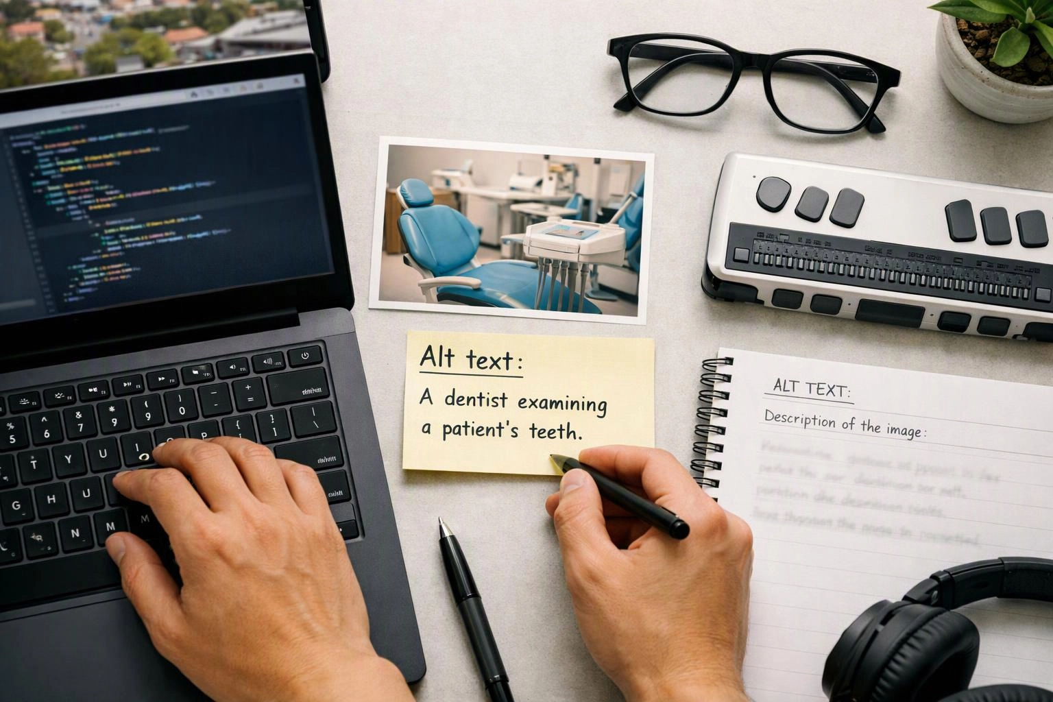 Hands write alt text on a sticky note beside a laptop, glasses, braille display, and notebook on a desk