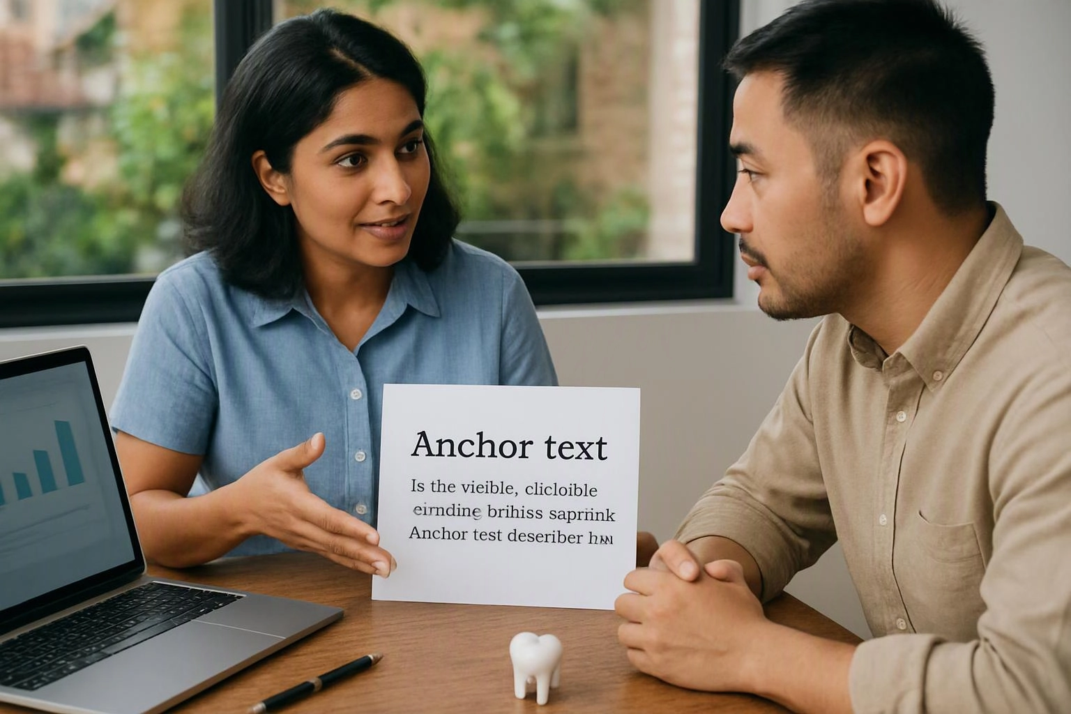 Two people talk across a table while one points to a paper labeled “Anchor text” beside a laptop and small tooth model