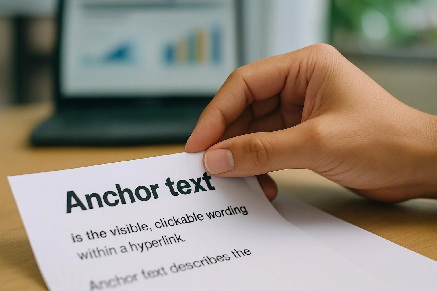 A hand holds a paper showing “Anchor text” in front of a blurred laptop screen