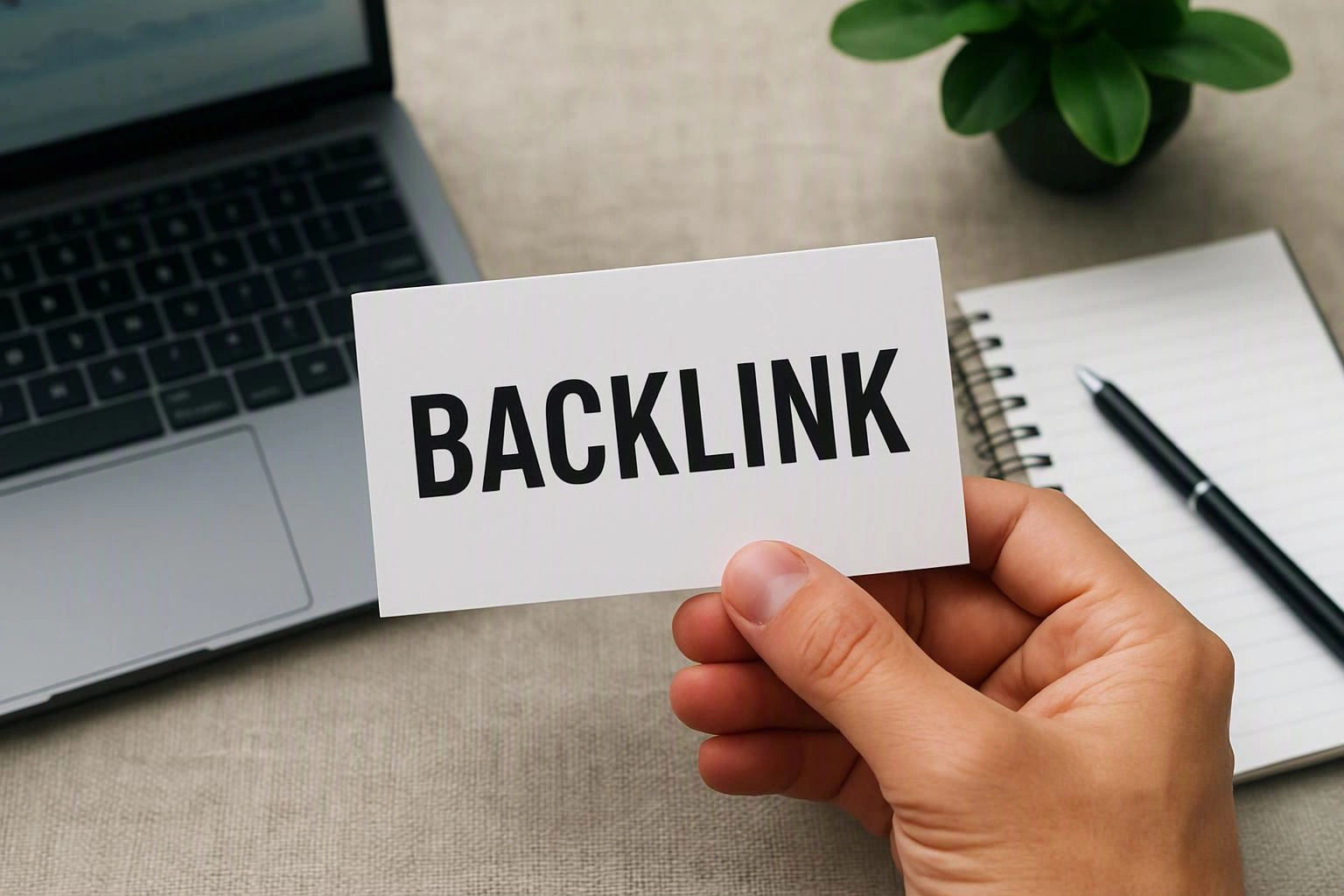 A hand holds a card reading “BACKLINK” beside a laptop, notebook, pen, and small plant on a desk