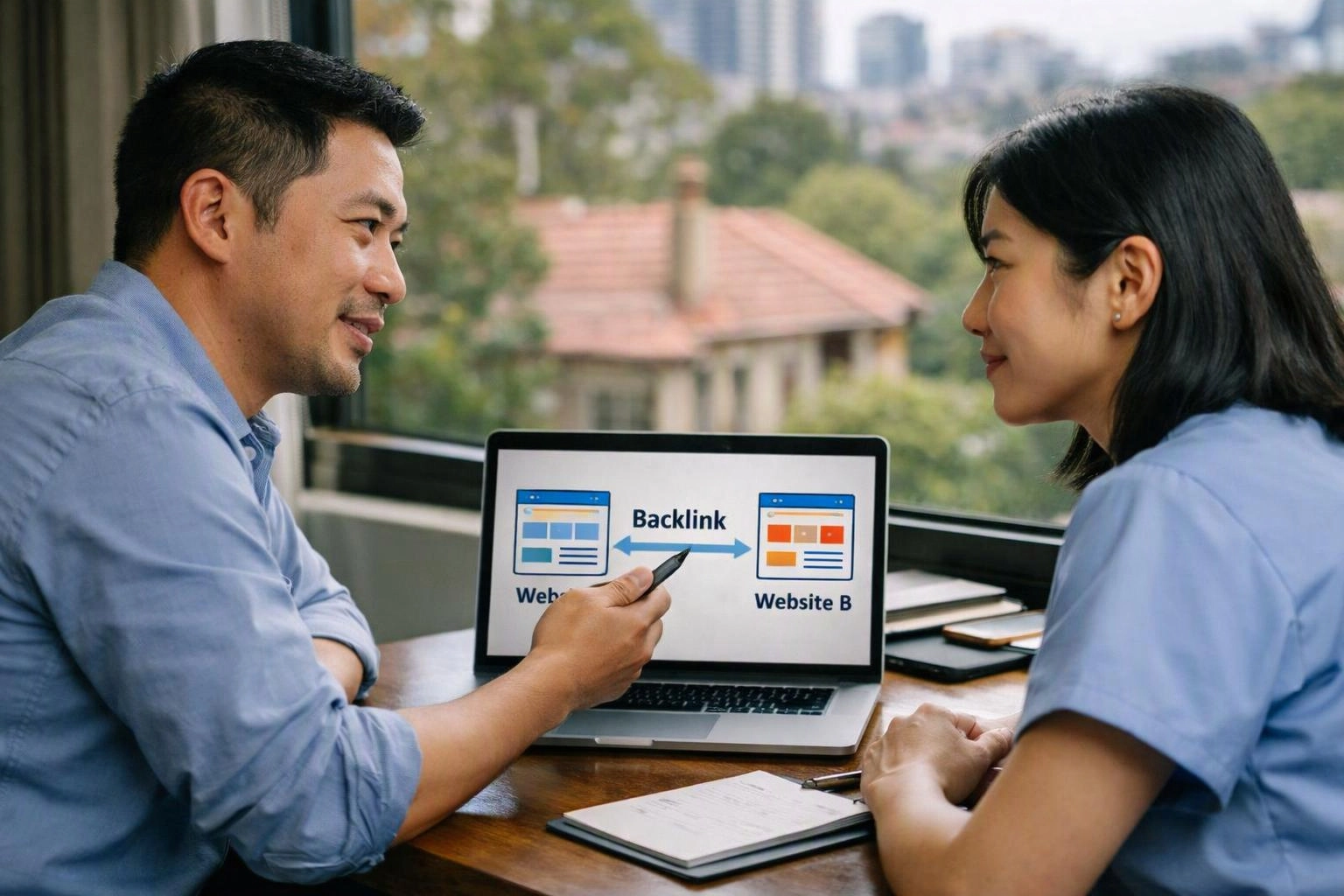Two people in blue shirts discuss a laptop showing a backlink diagram at a table near a window