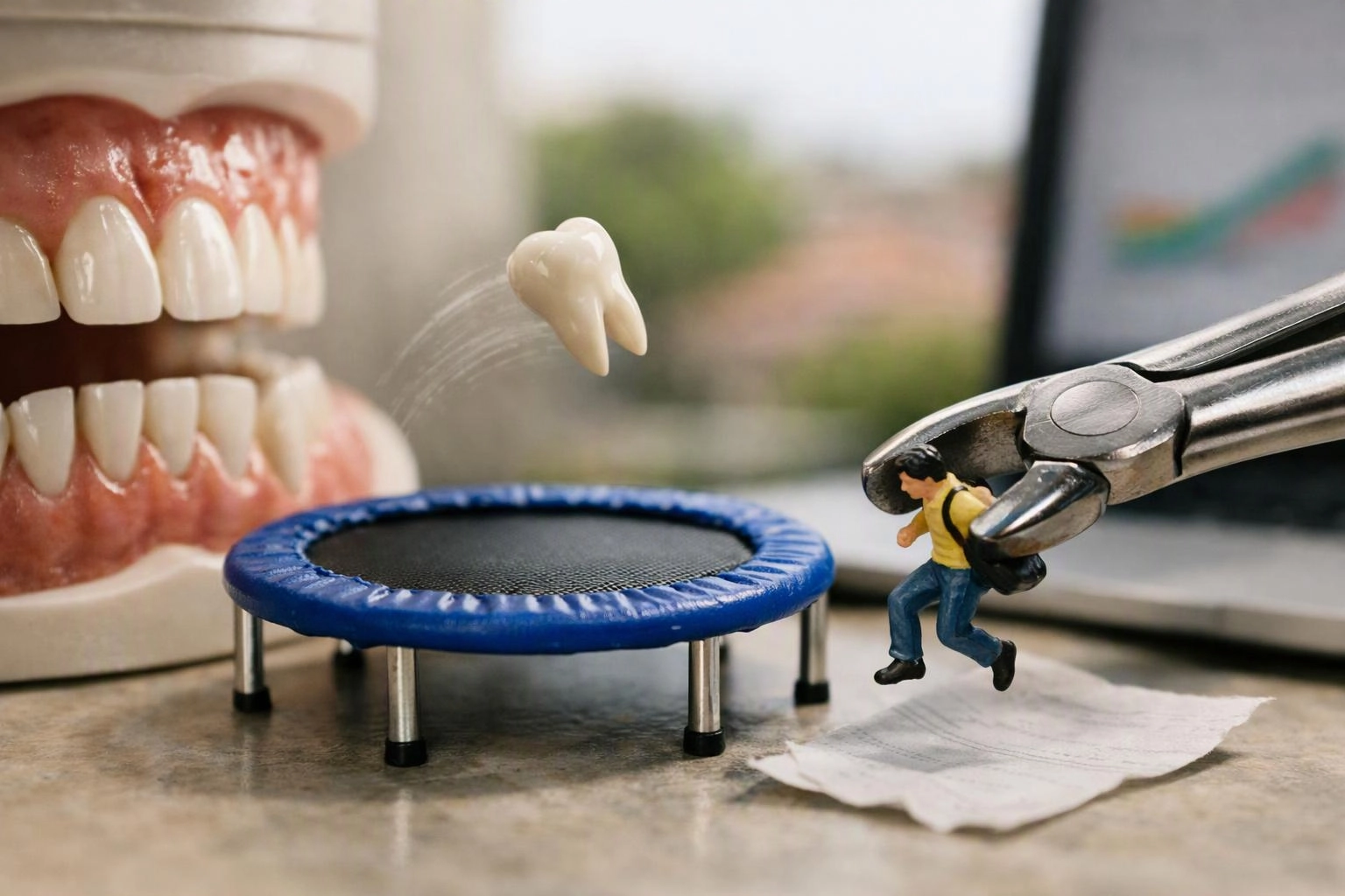A tooth model, mini trampoline, and pliers lift a tiny figure in a playful dental scene