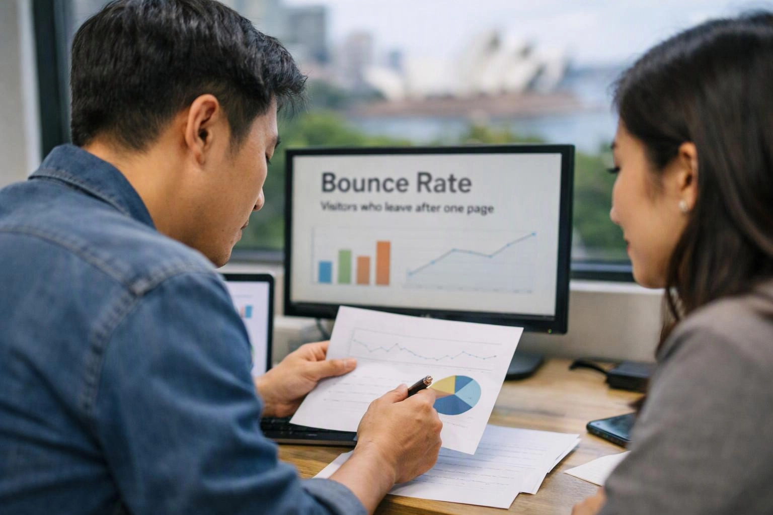 Two coworkers review printed charts at a desk while a monitor shows “Bounce Rate” and graphs