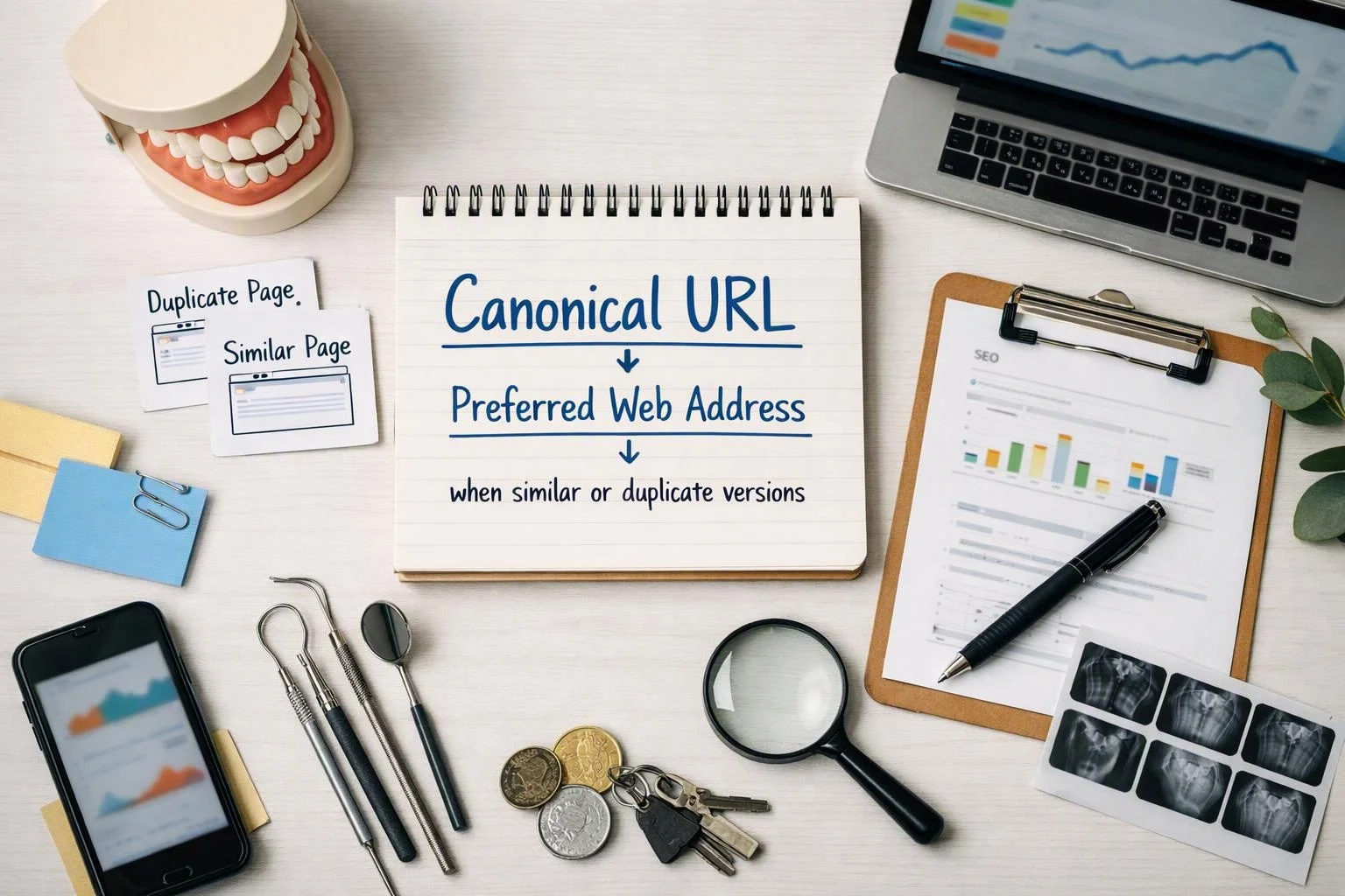 A desk display shows notes about canonical URLs, charts, devices, tools, and duplicate page cards