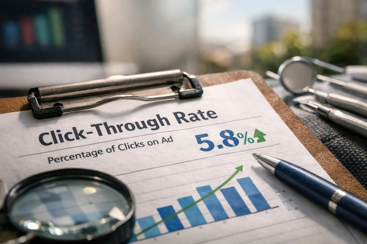 A clipboard shows a click-through rate report with a rising blue bar chart, a pen, and a magnifying glass on a desk