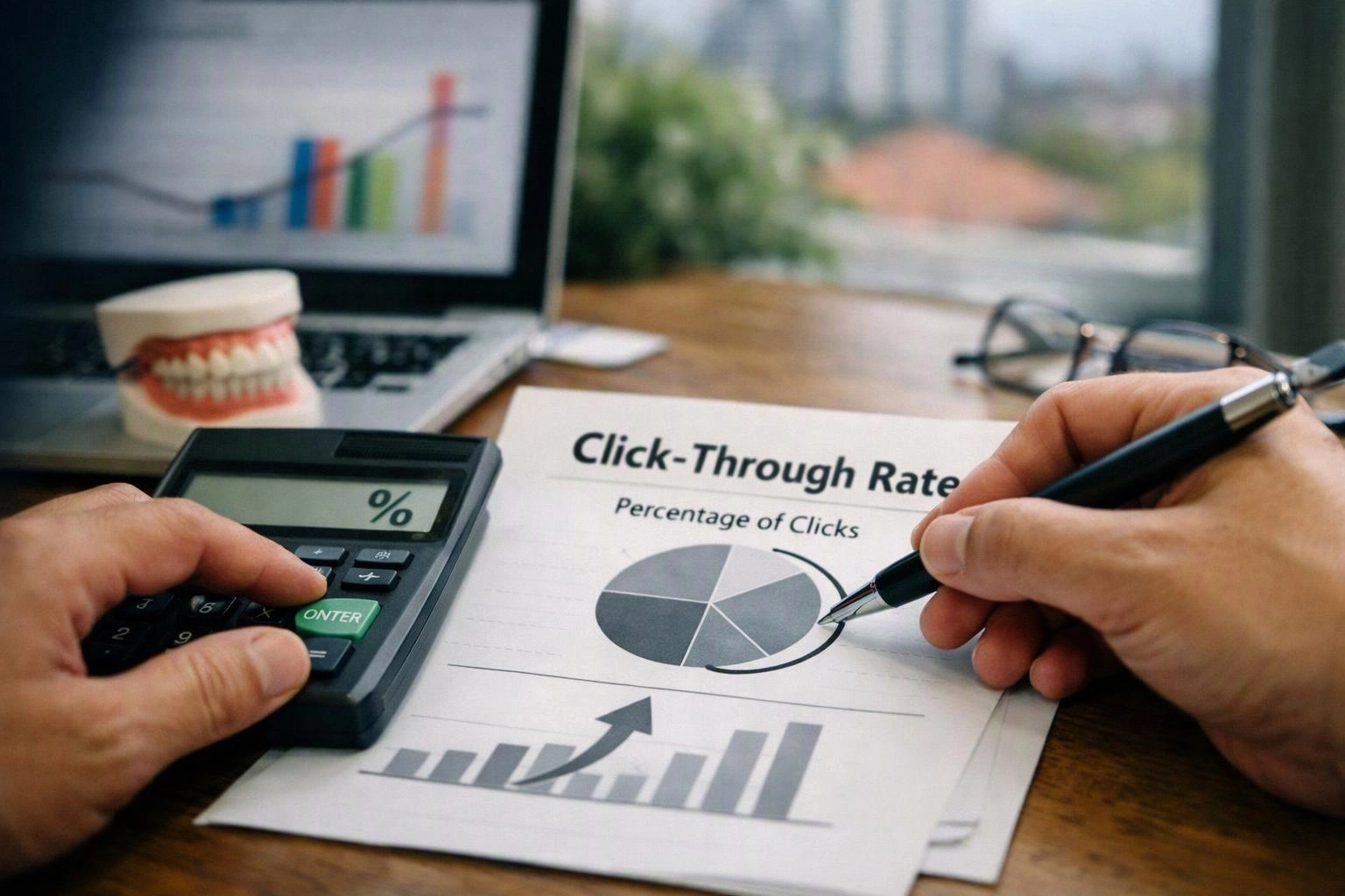 Hands calculate click-through rate on a printed chart beside a calculator and laptop on a desk