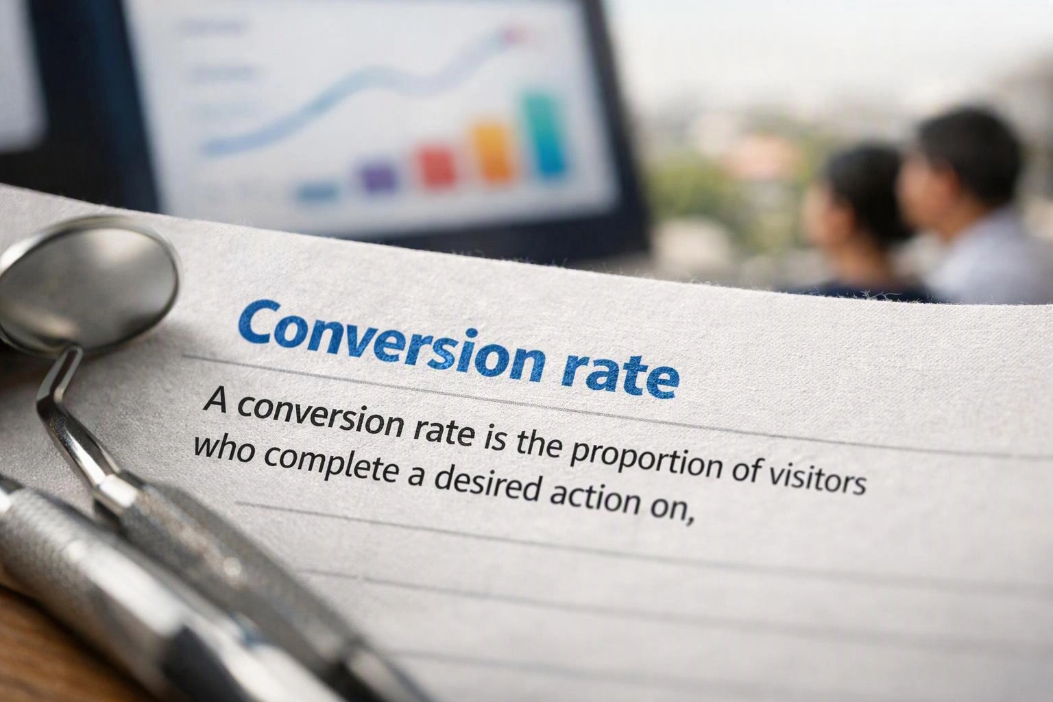 A paper shows “Conversion rate” beside a stethoscope, with a blurred chart and two people in the background