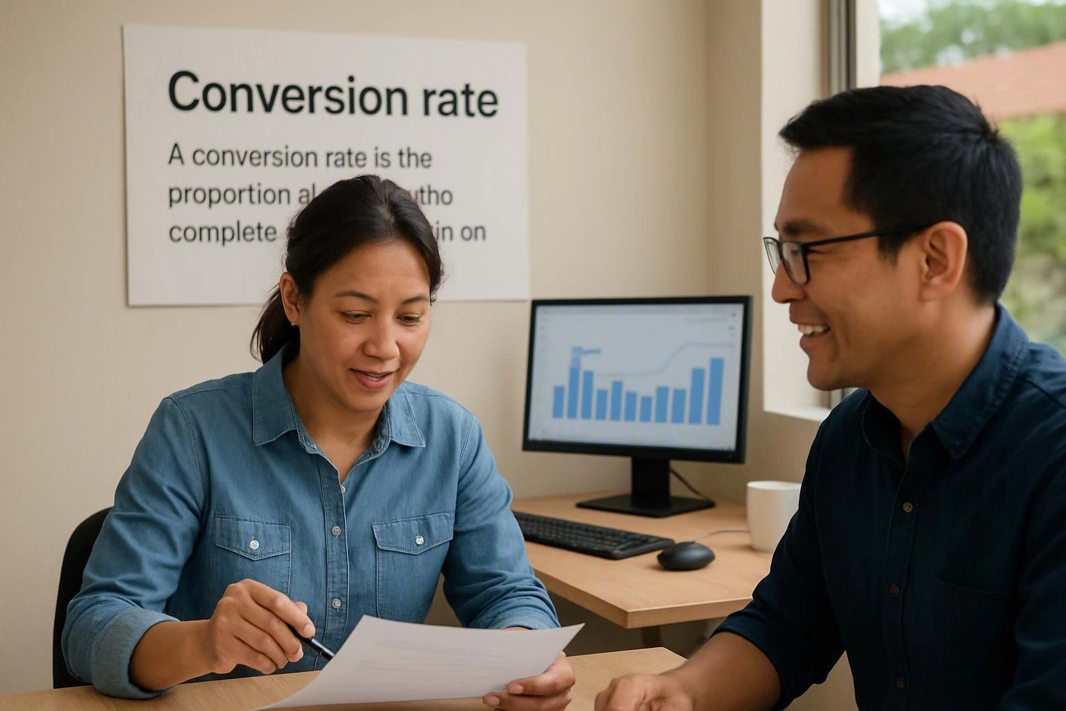 Two coworkers review a paper at a desk beside a monitor with a bar chart and a poster about conversion rate