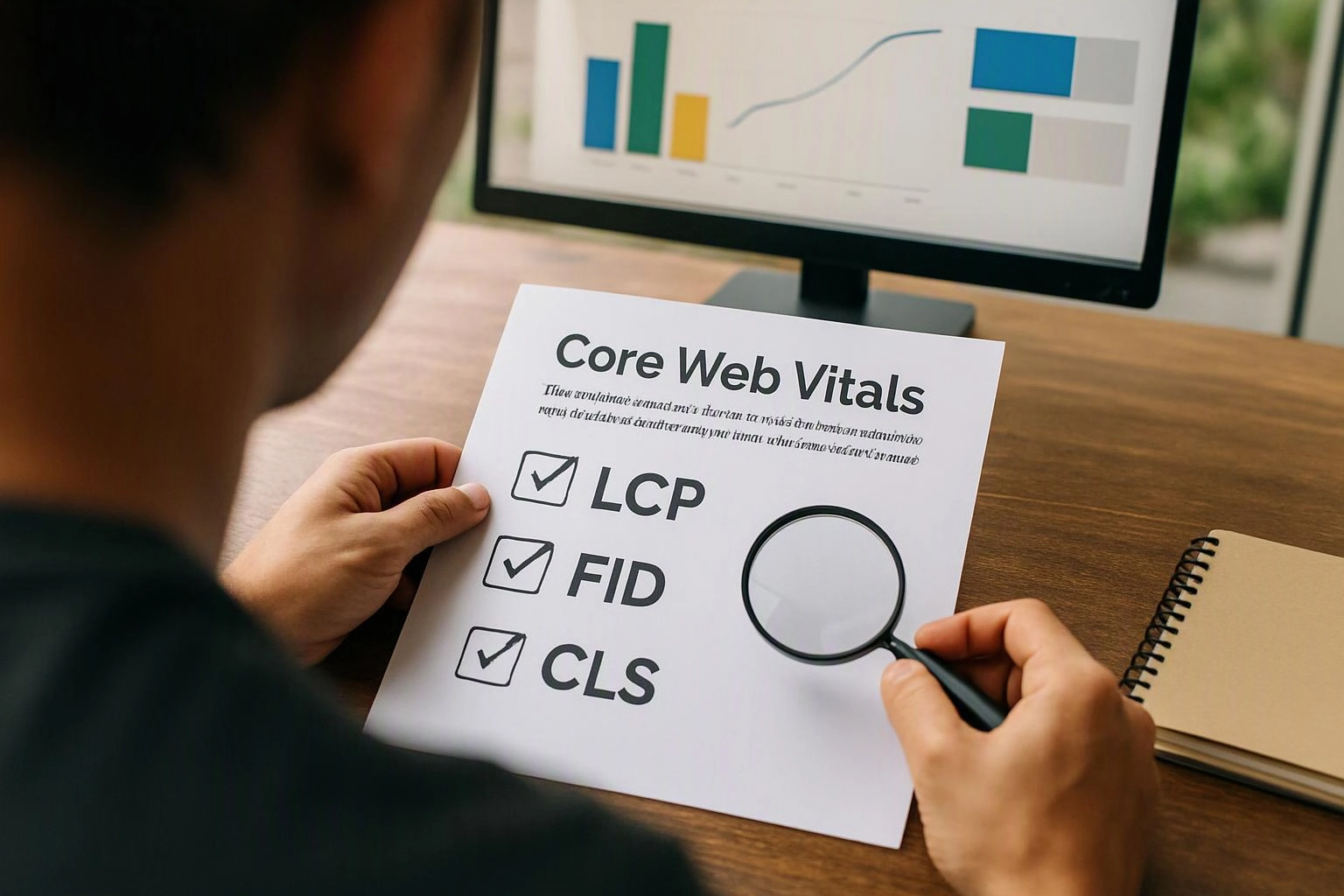A person studies a “Core Web Vitals” sheet with checkmarks, using a magnifying glass at a desk with a monitor nearby