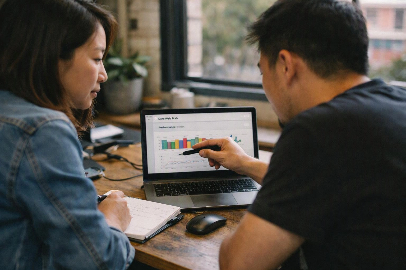 Two people sit at a wooden table, pointing at a laptop with charts in a bright room