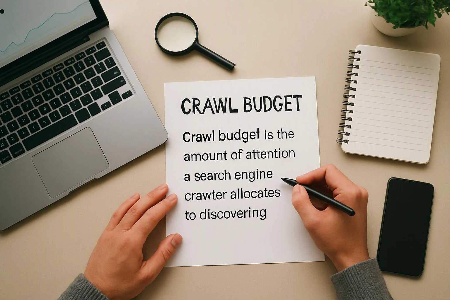 Hands hold a pen over a paper titled crawl budget beside a laptop, phone, notebook, magnifier, and plant