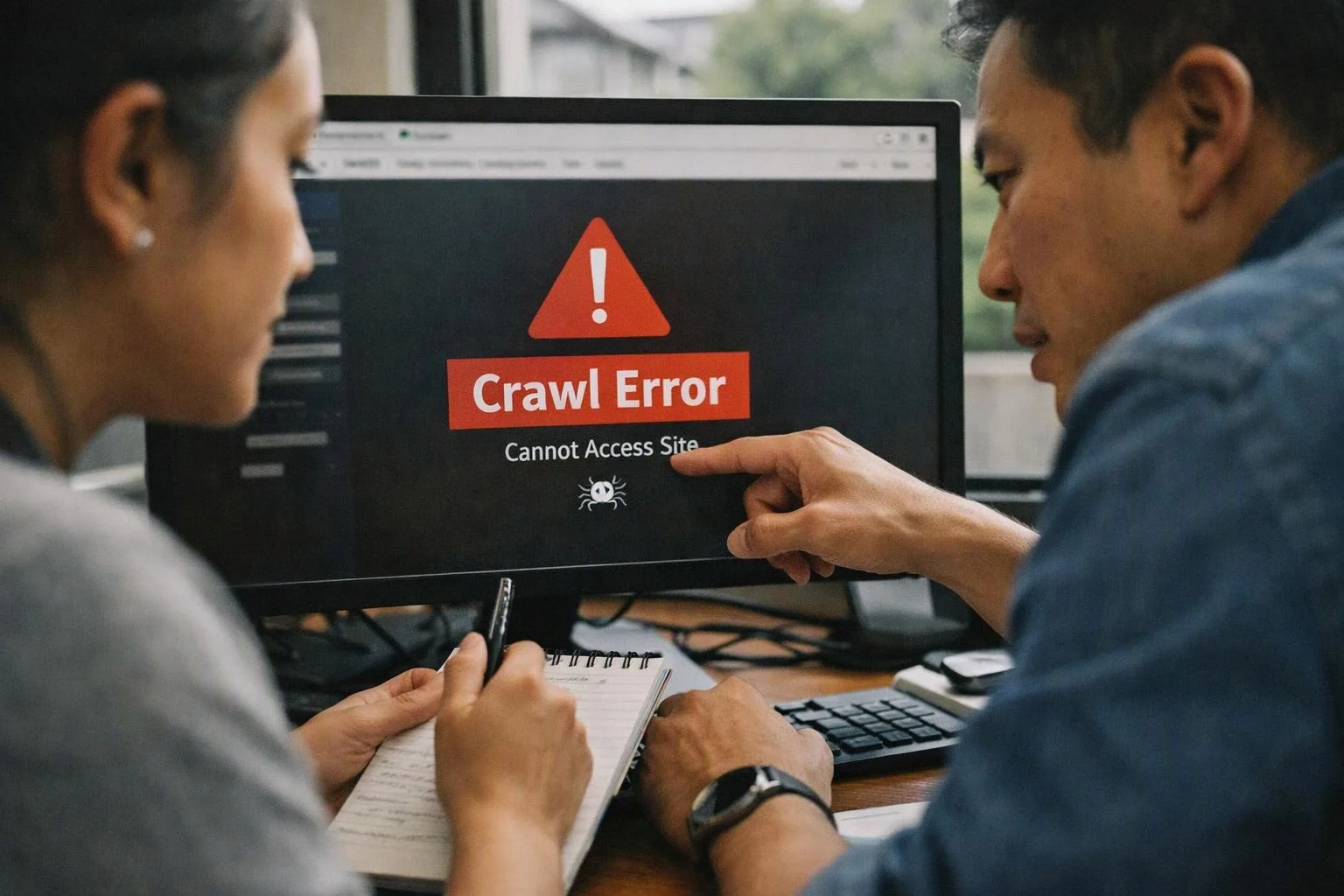 Two people study a monitor showing a red crawl error warning in an office setting