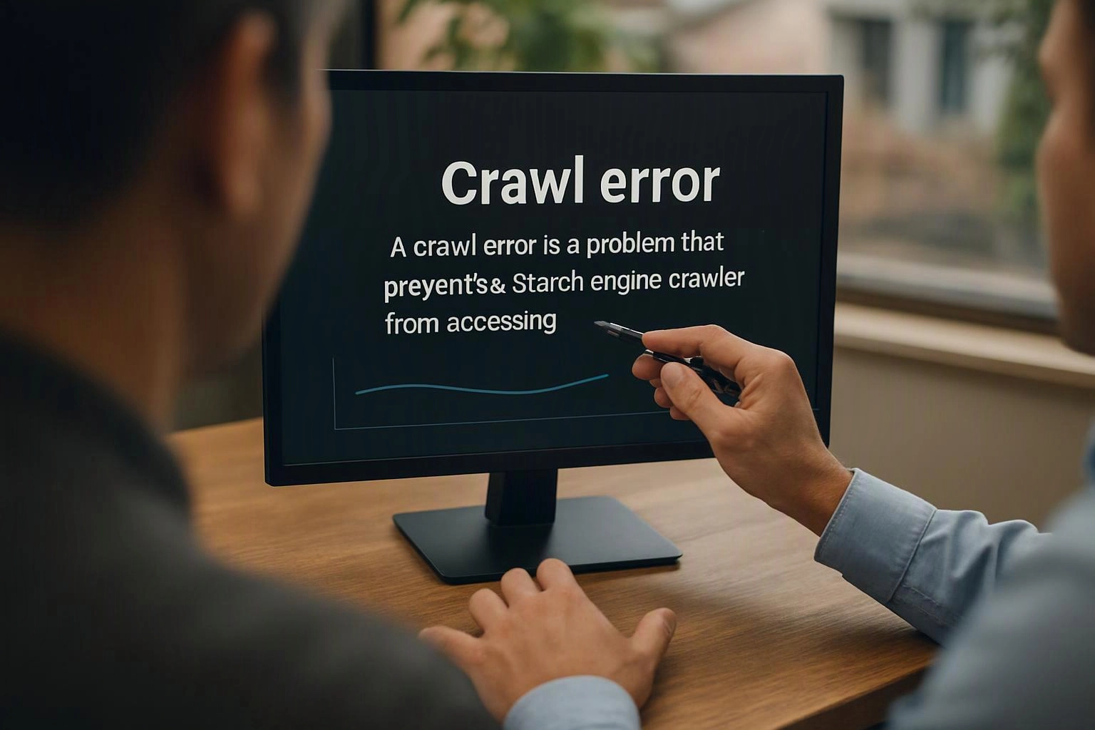 Two people point at a monitor showing the words “Crawl error” on a dark screen in an office setting