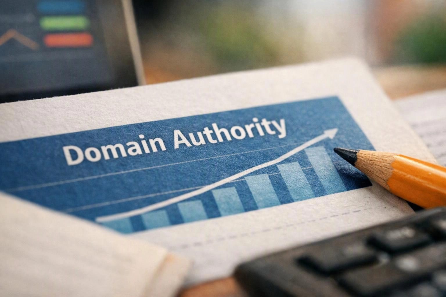 A pencil points at a printed chart labeled “Domain Authority” with a rising arrow and bars