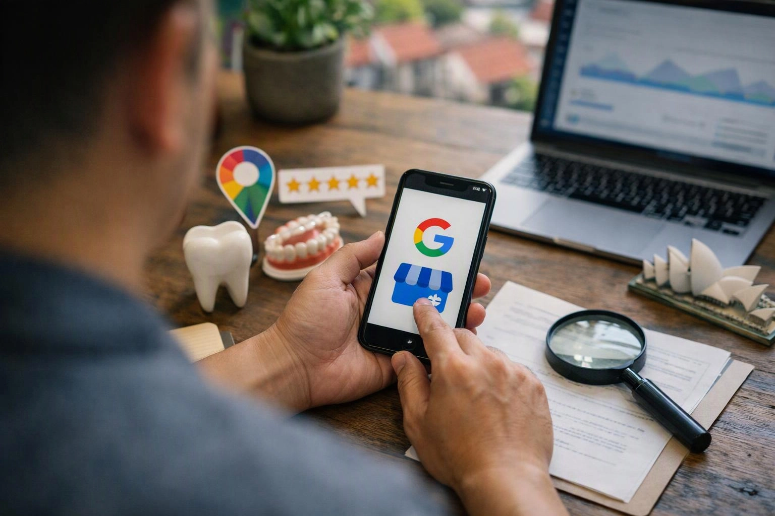 A person taps a smartphone showing a Google storefront icon beside a laptop, dental models, and a magnifying glass on a desk