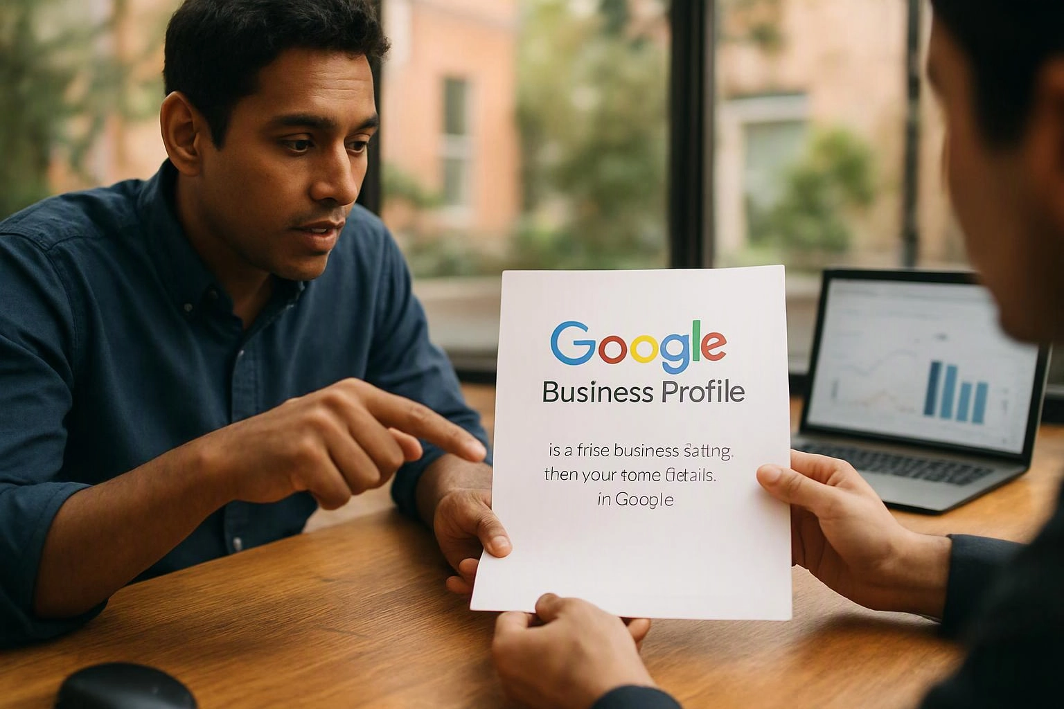 A man points at a printed Google Business Profile sheet across a table beside an open laptop