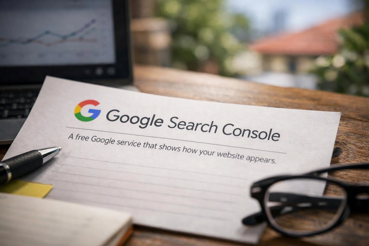 A paper reading Google Search Console lies on a wooden desk with a laptop, pen, glasses, and notebook nearby