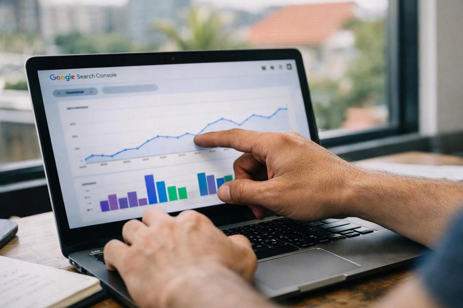 Hands point at a laptop showing Google Search Console charts on a desk by a window