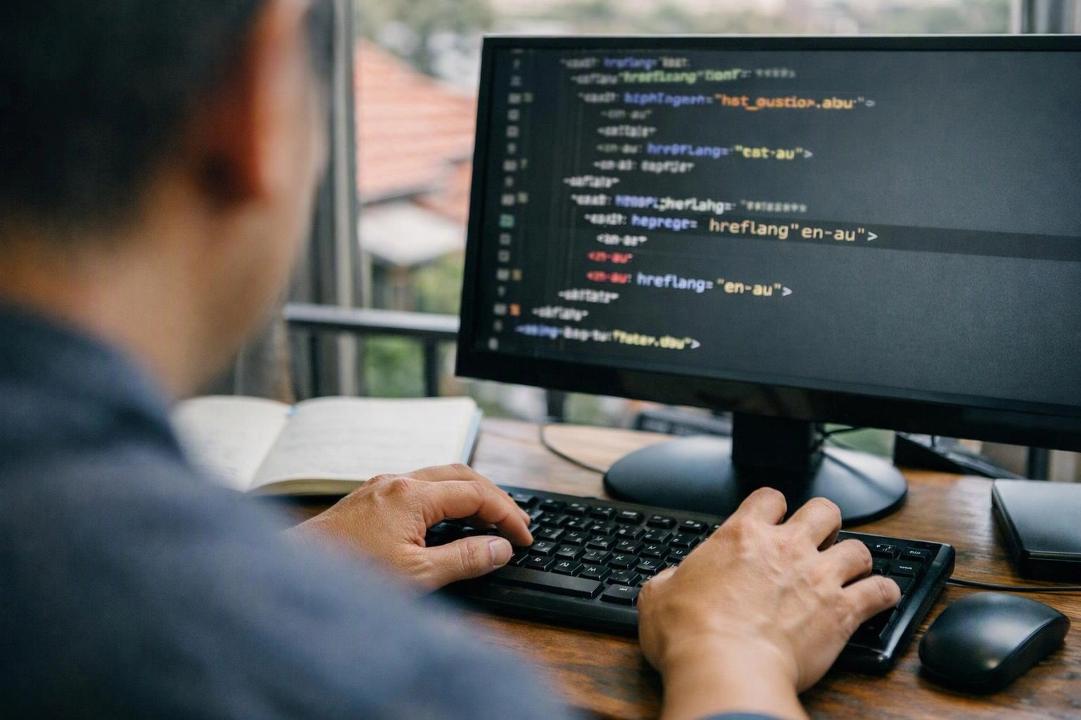 A person types code on a keyboard beside a monitor showing HTML on a desk by a window