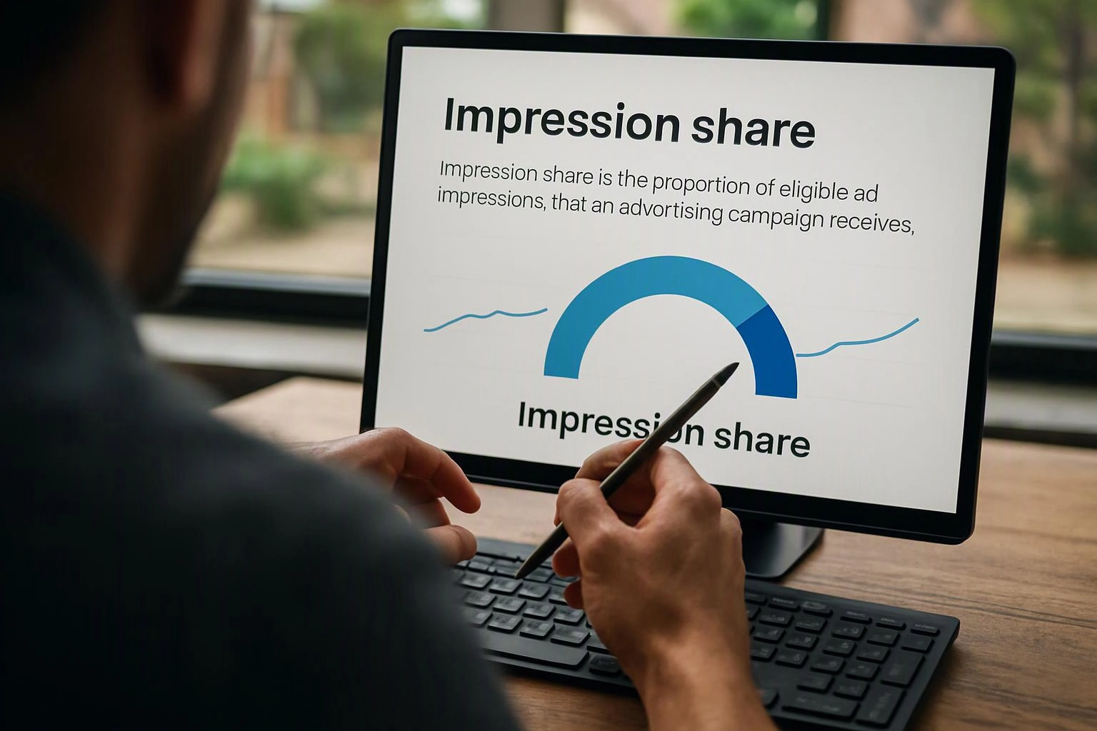 A person uses a stylus at a desk while a monitor shows an “Impression share” slide with a blue gauge graphic