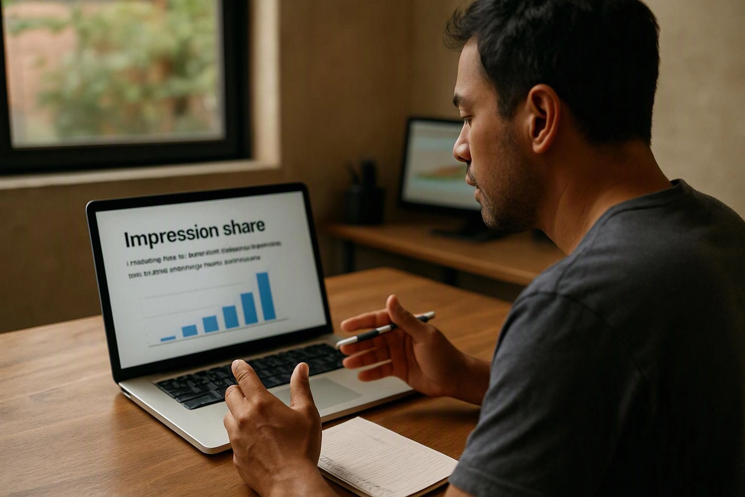 A man sits at a desk, studying a laptop chart labeled “Impression share” and holding a pen
