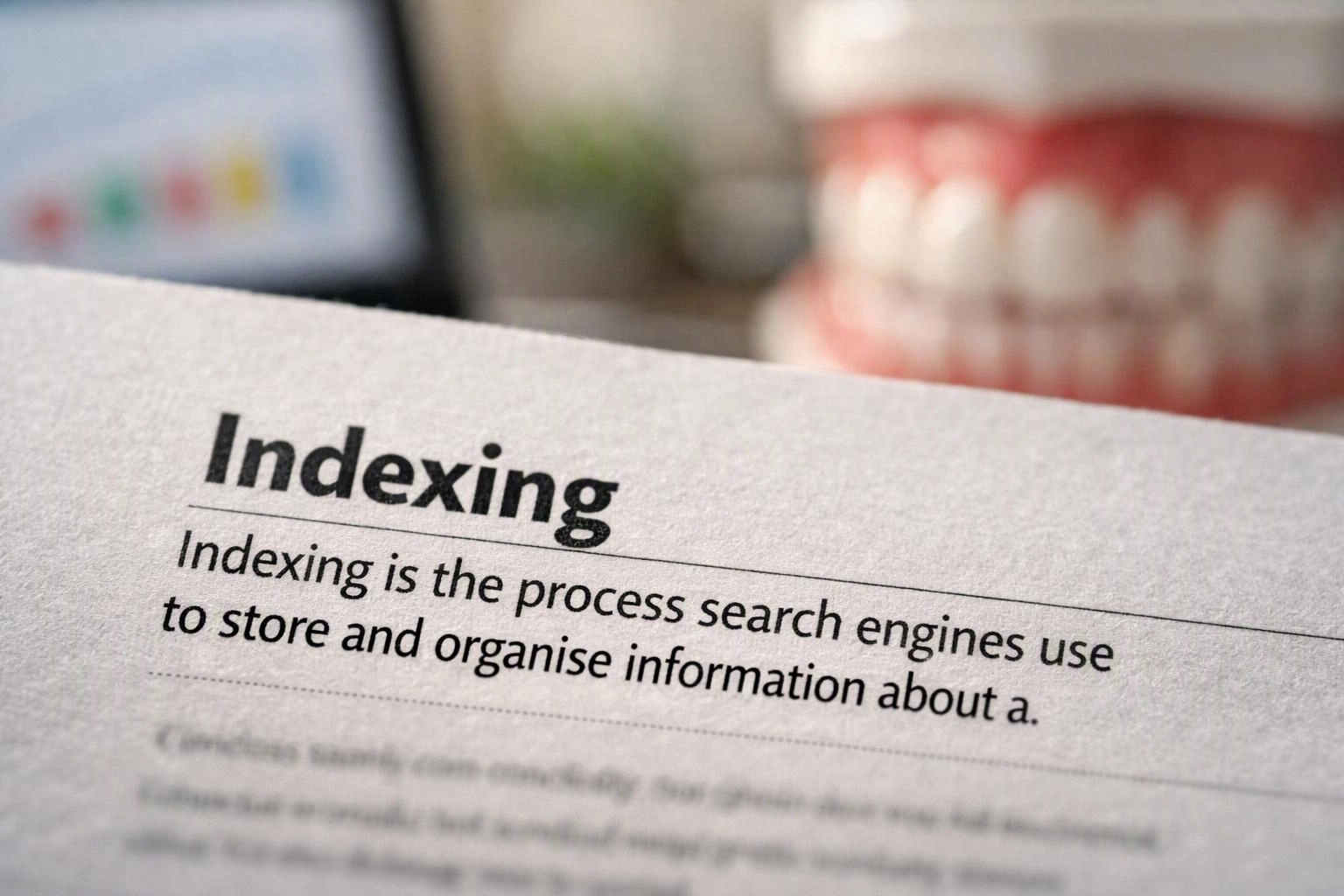 A printed page titled “Indexing” sits in front of a blurred computer screen and dental model, with a desk background