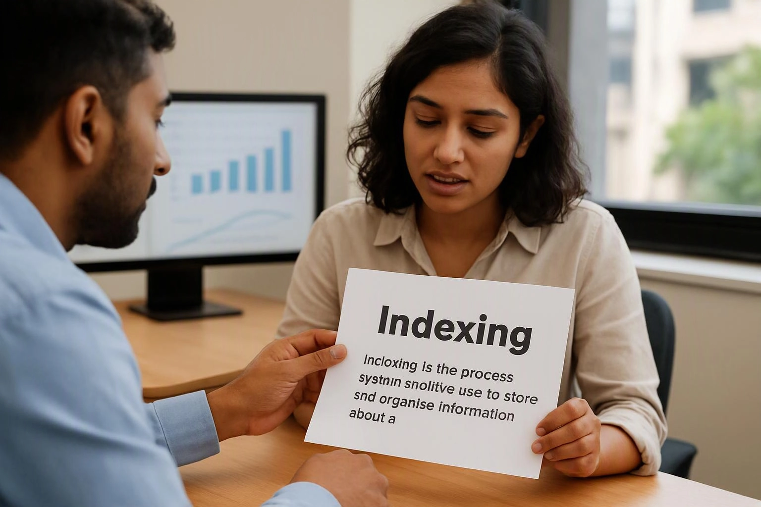 Two coworkers review a printed page labeled “Indexing” in a bright office with a chart on a monitor
