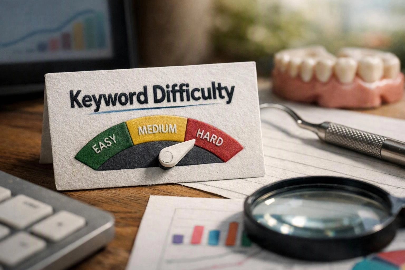 A keyword difficulty gauge card sits on a desk beside charts, a magnifying glass, and dental tools with model teeth