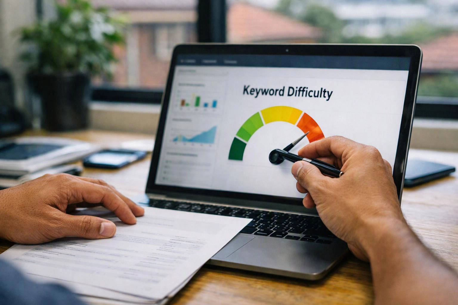 Hands point at a laptop showing a keyword difficulty gauge beside printed papers on a desk