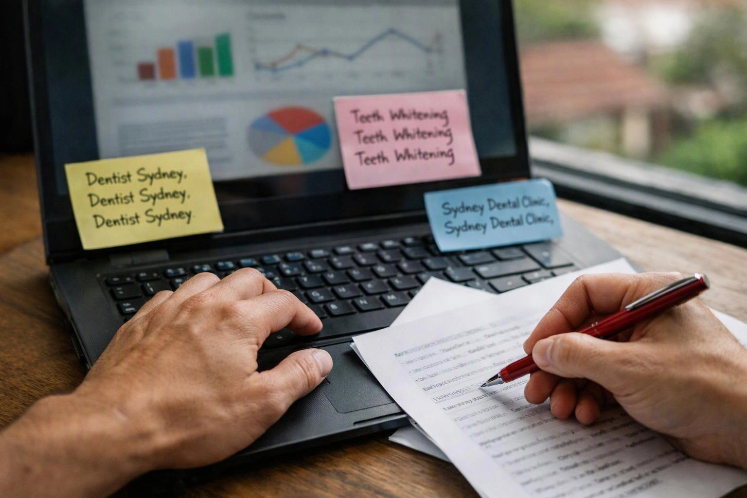Hands type on a laptop beside a paper and pen, with sticky notes promoting dental services on the screen