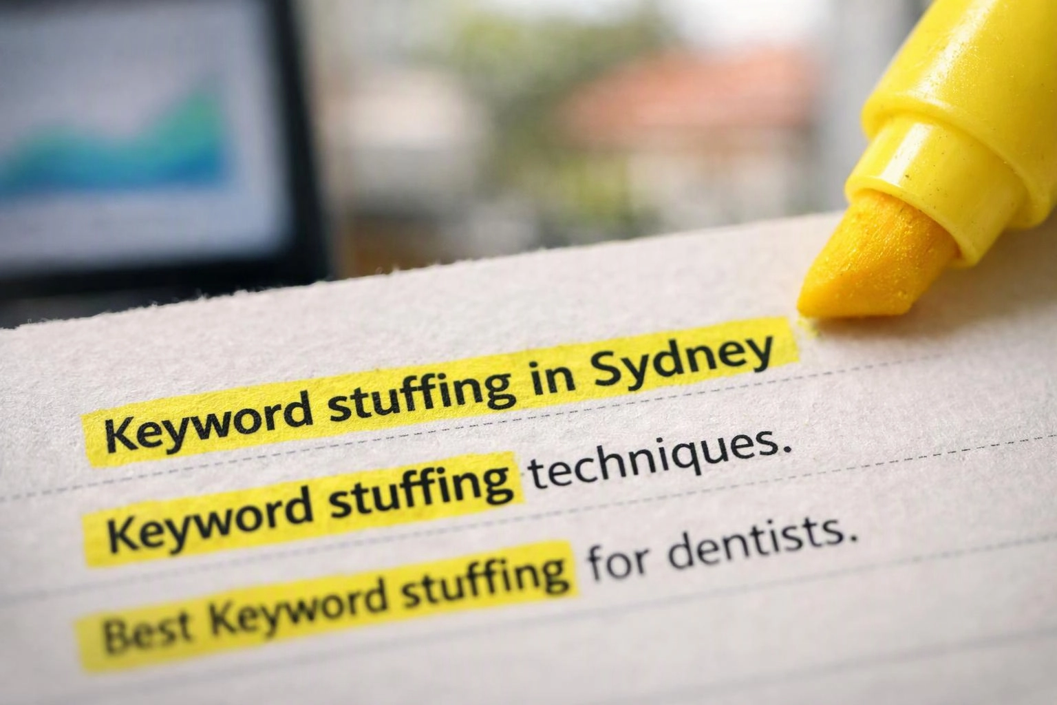A yellow highlighter marks repeated keyword stuffing text on a printed page, with blurred screen in the background