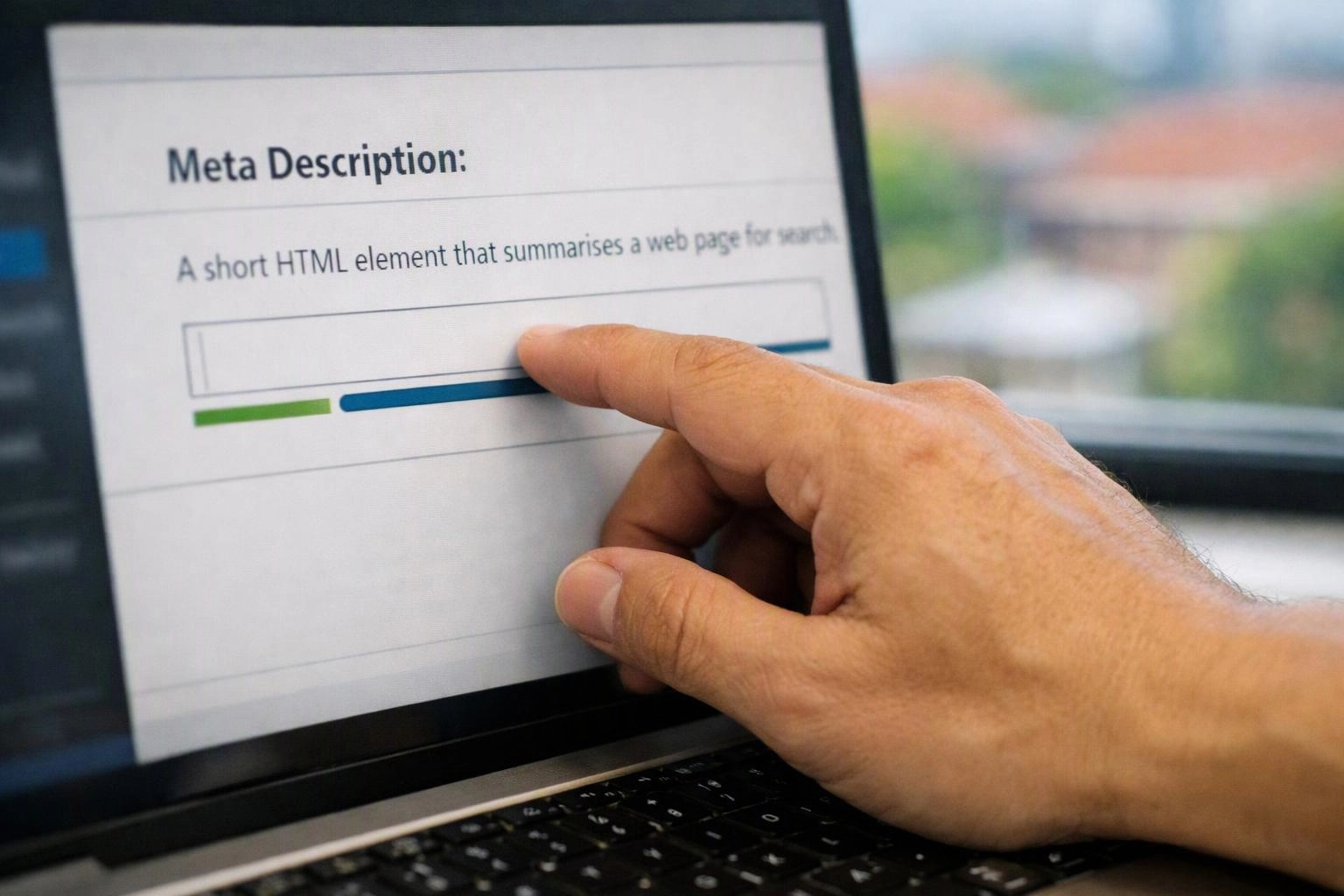 A hand points at a laptop screen showing a meta description form with text fields and colored bars