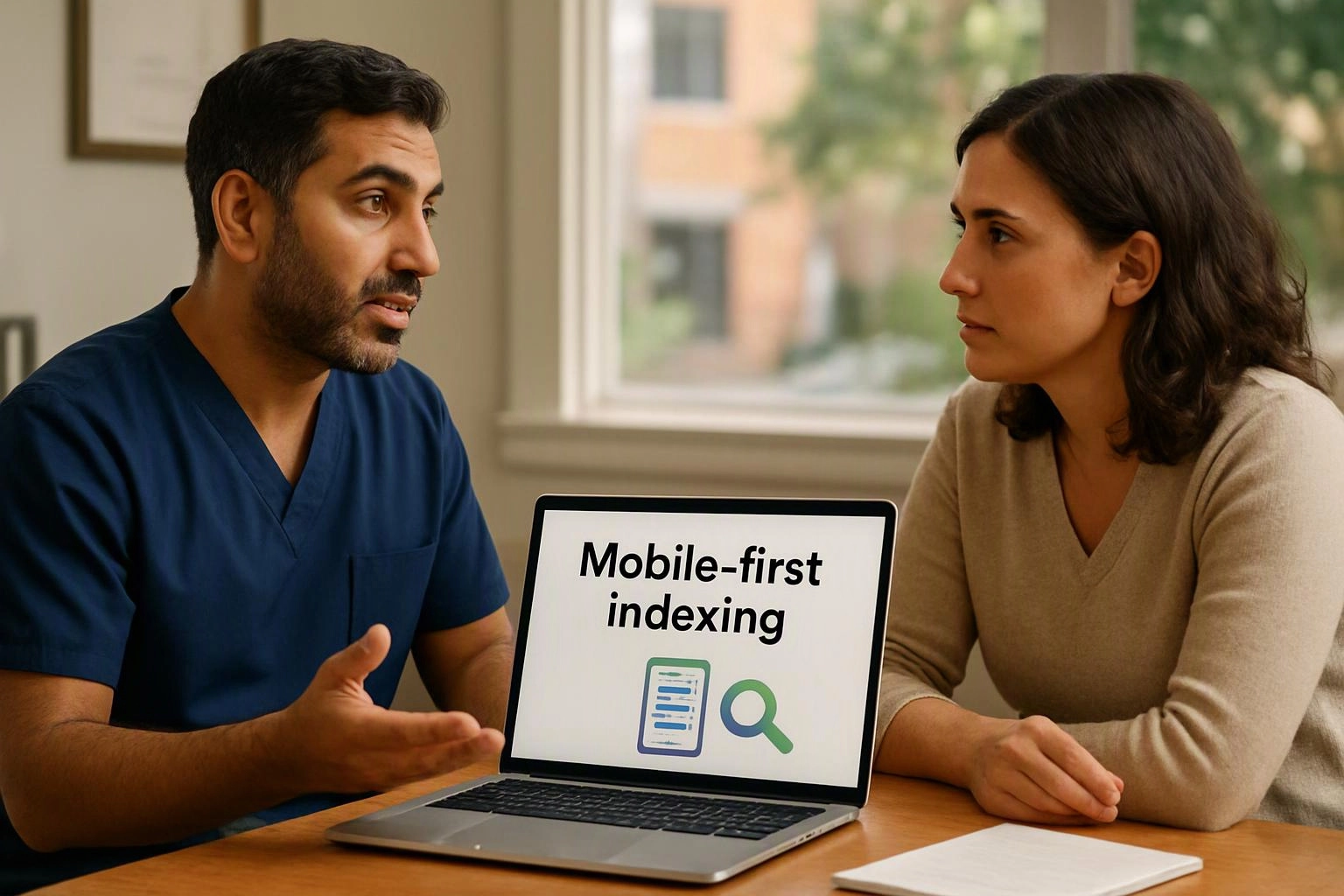 Two people talk at a table beside a laptop showing “Mobile-first indexing” and a search icon