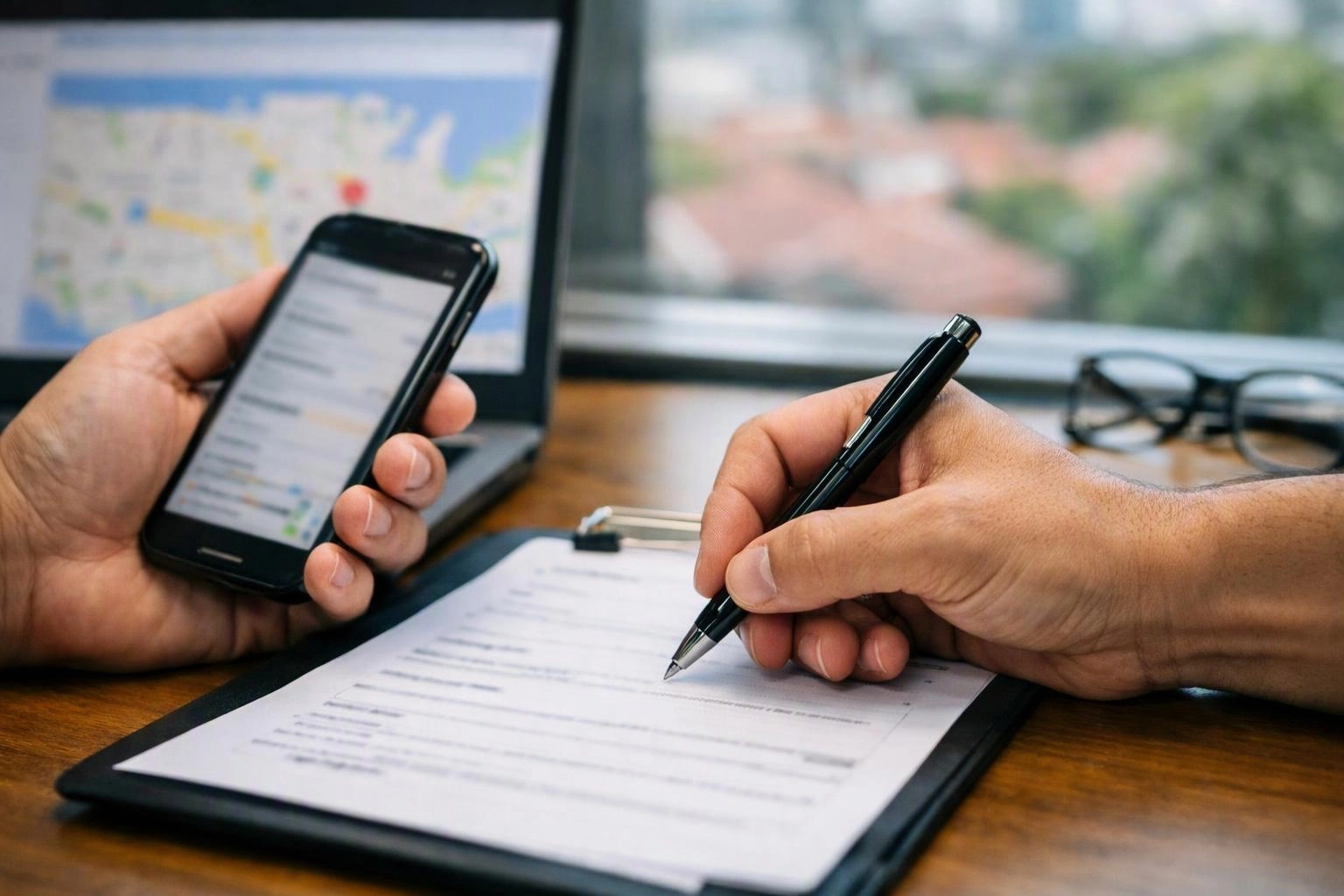 Two hands work at a desk, one holding a phone and the other signing a clipboard beside a laptop screen and glasses