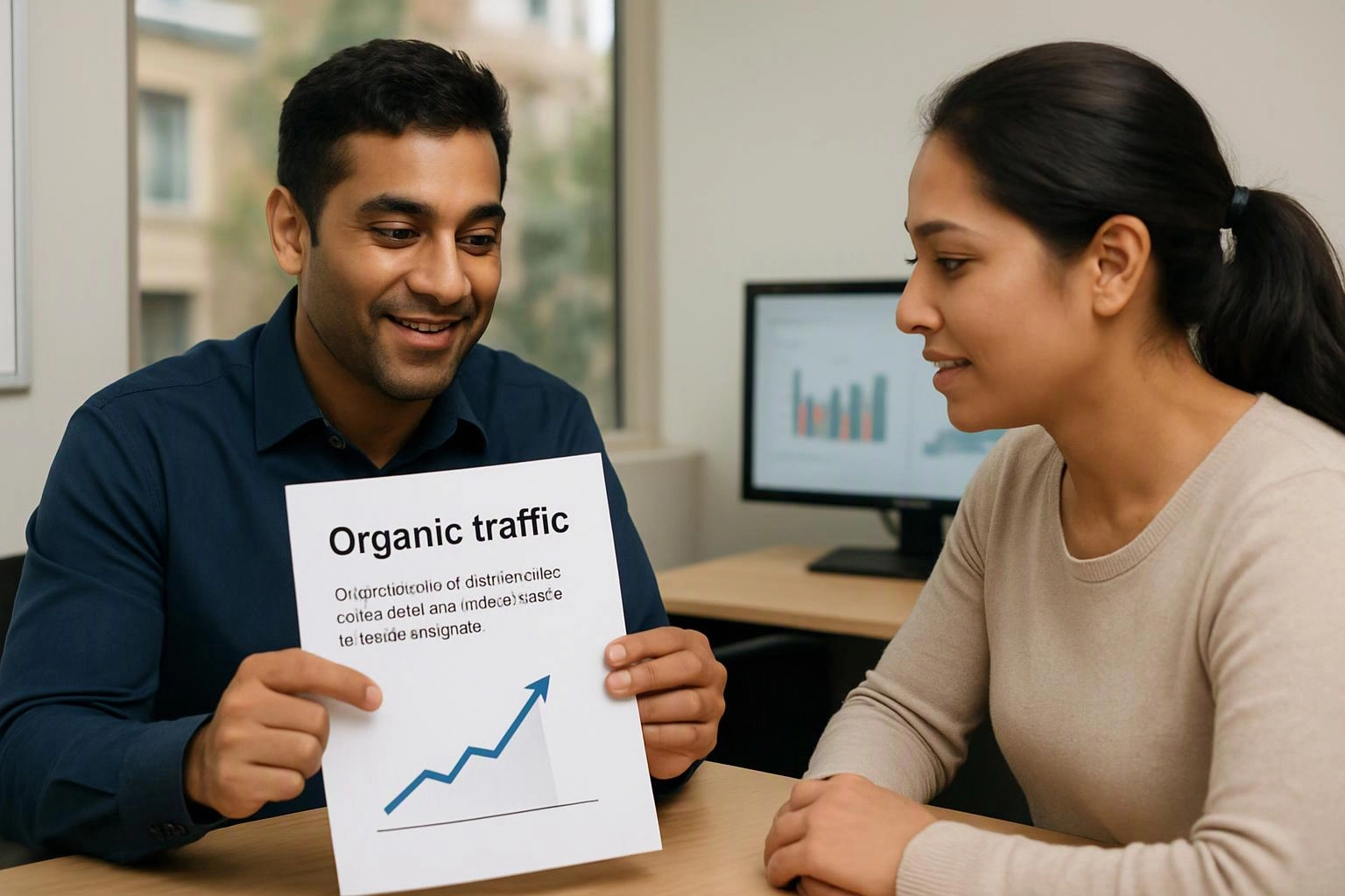 A man shows a chart labeled “Organic traffic” to a woman at a desk in an office