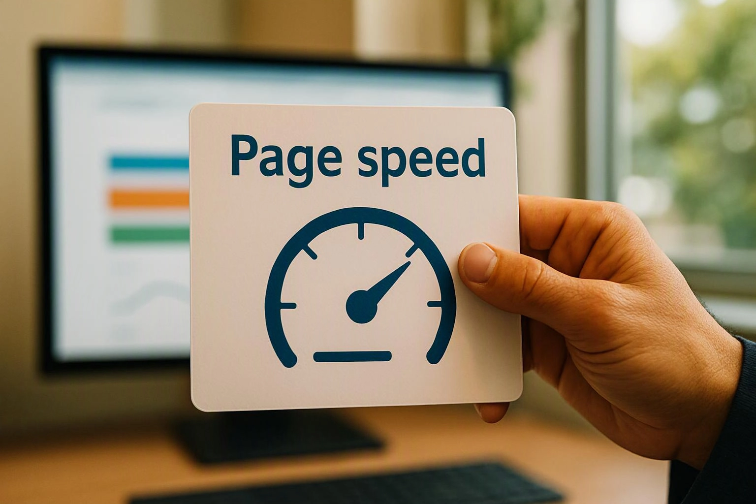 A hand holds a card labeled “Page speed” with a speedometer icon in front of a blurred computer screen