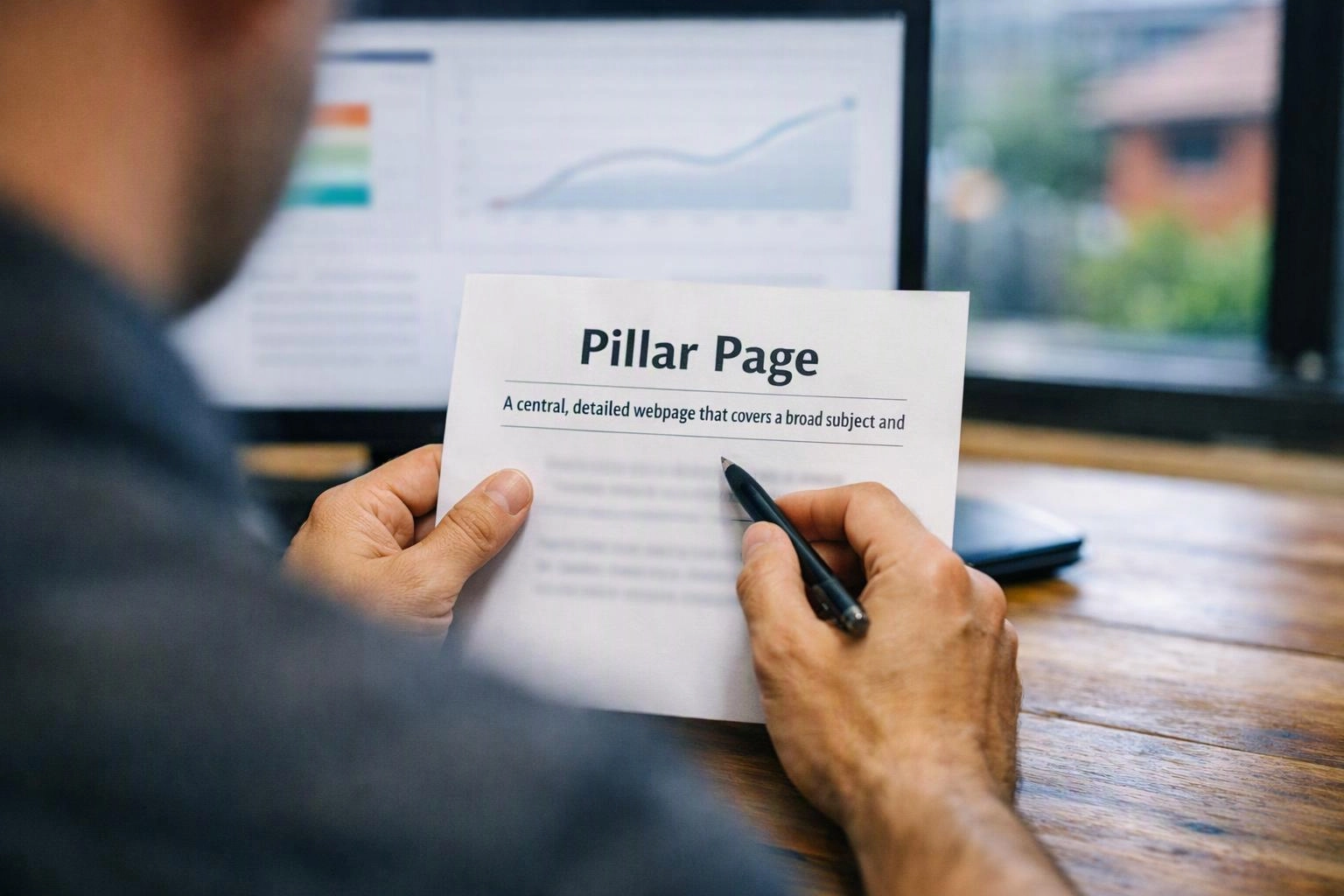 A person holds a paper titled “Pillar Page” and points at it with a pen at a desk with a blurred computer screen behind