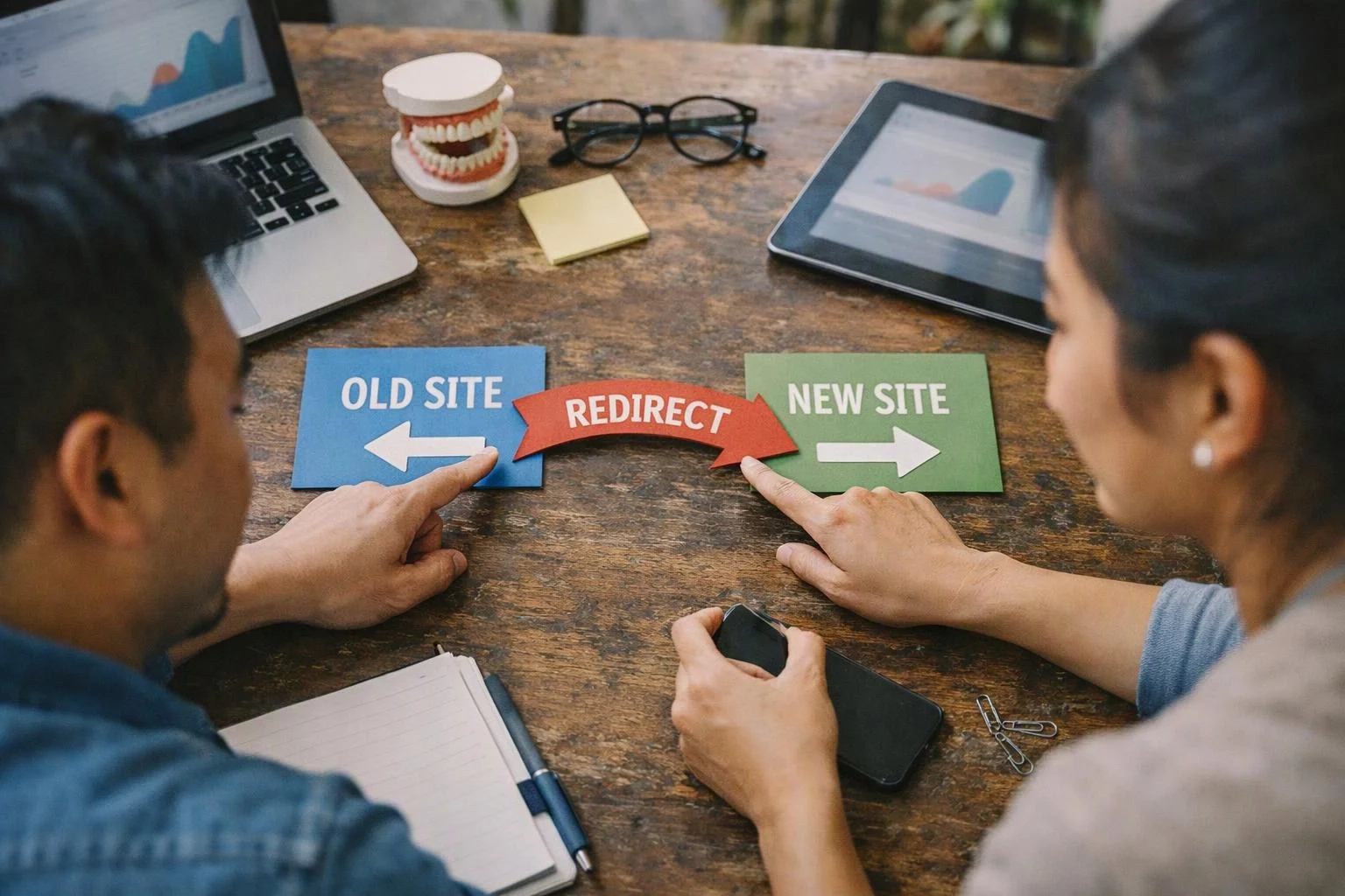 Two people point at cards labeled “OLD SITE,” “REDIRECT,” and “NEW SITE” on a desk with devices and office items