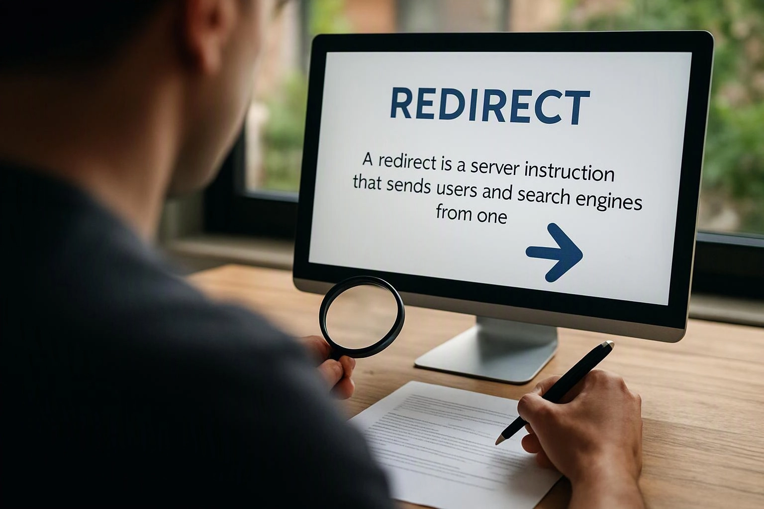 A person studies a computer screen showing “REDIRECT” and a right arrow while holding a magnifying glass and pen at a desk