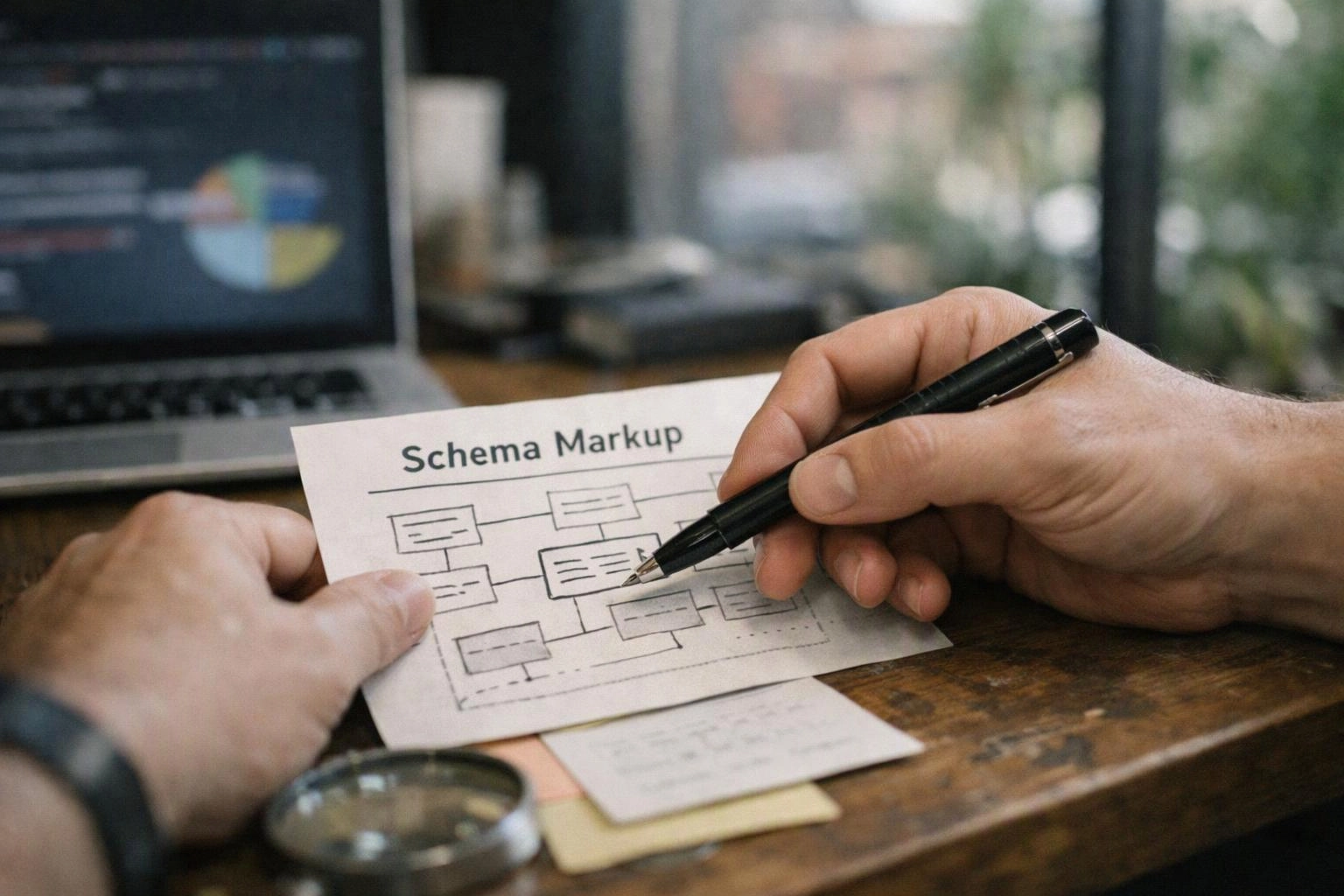 Hands hold a paper labeled Schema Markup while one points with a pen beside a laptop on a wooden desk