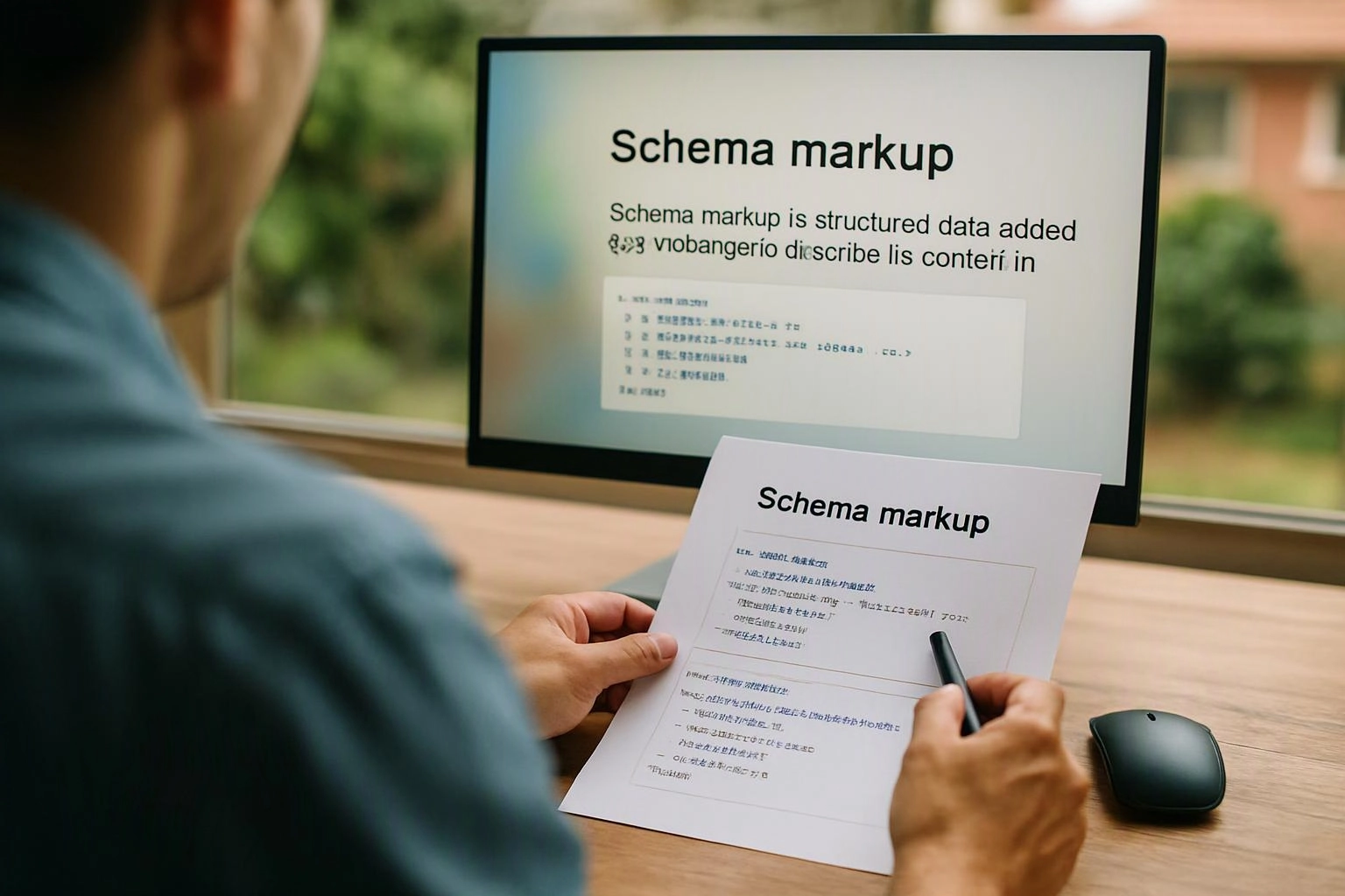 A person at a desk reviews a paper and monitor showing the heading “Schema markup”
