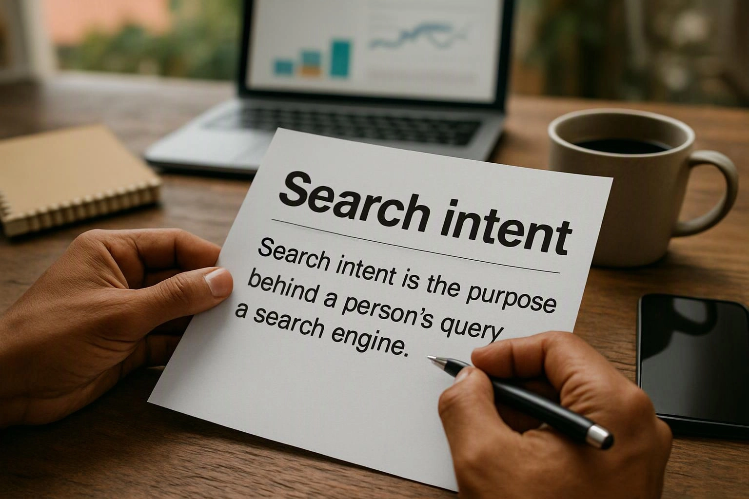 Hands hold a card about search intent at a wooden desk with a laptop, coffee mug, and phone