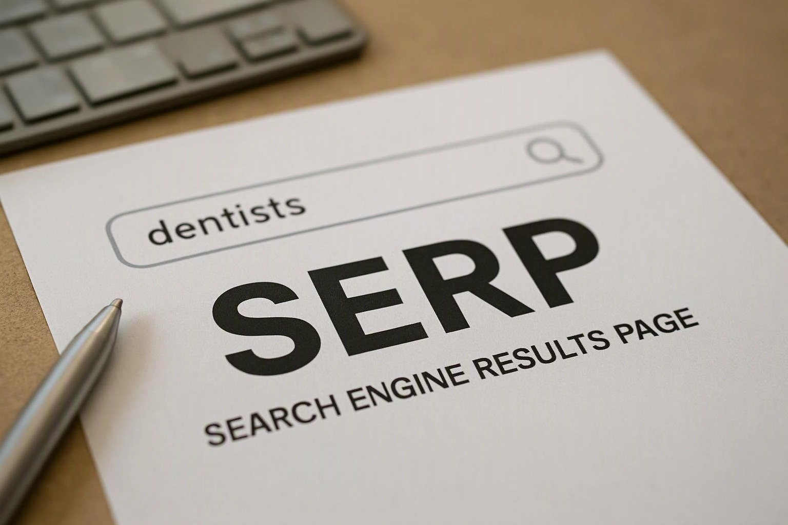 A paper mockup shows a search bar with “dentists,” bold “SERP,” and a pen on a desk