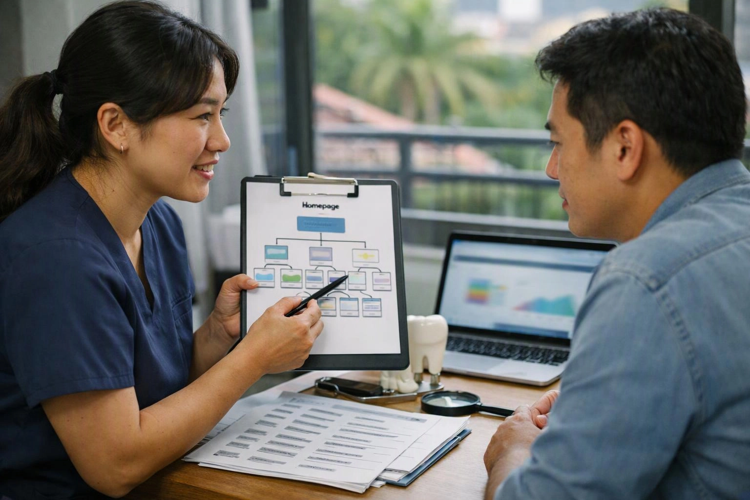 A woman in scrubs points to a website flowchart on a clipboard while talking with a man at a desk