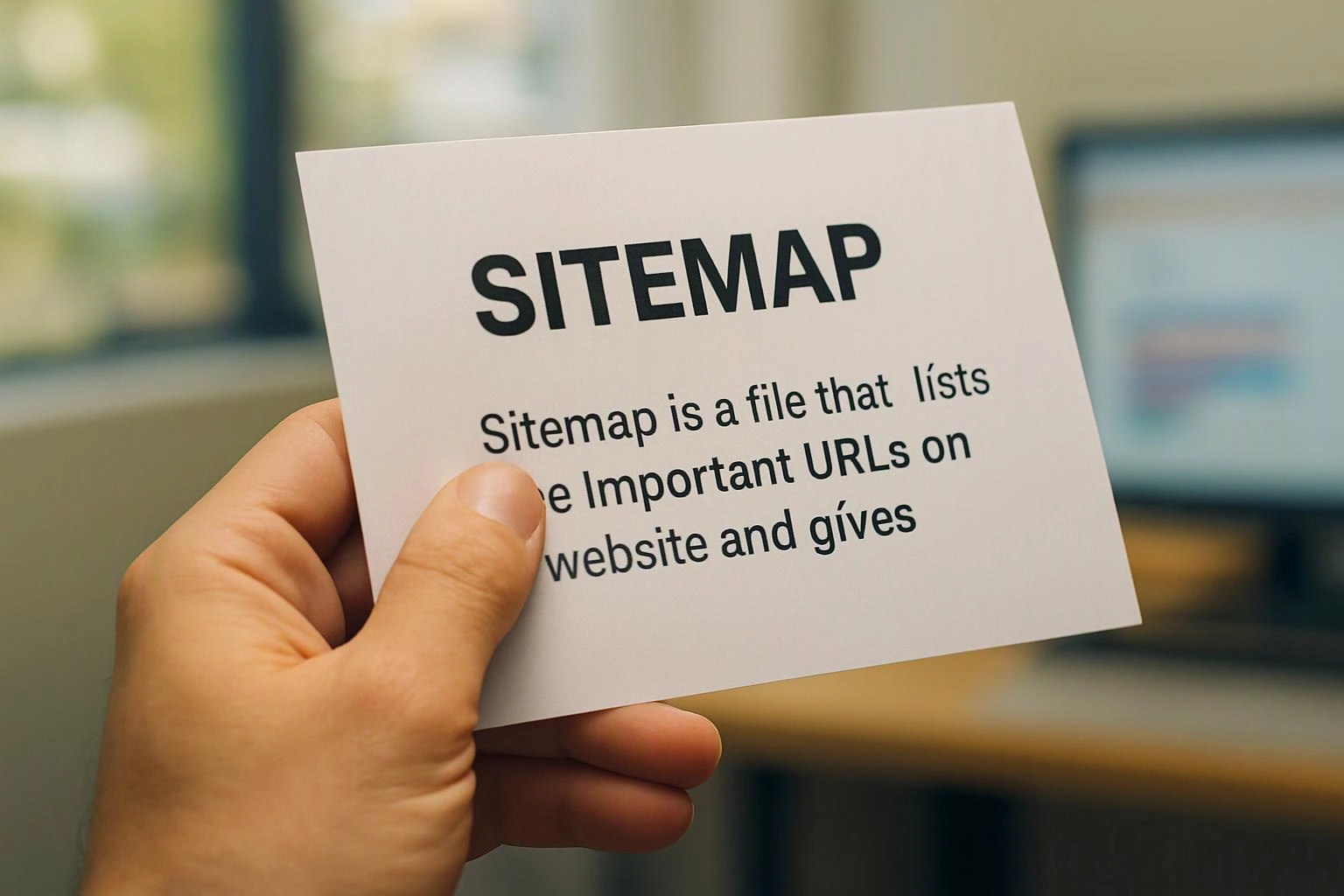 A hand holds a card reading “SITEMAP” in front of a blurred computer screen indoors