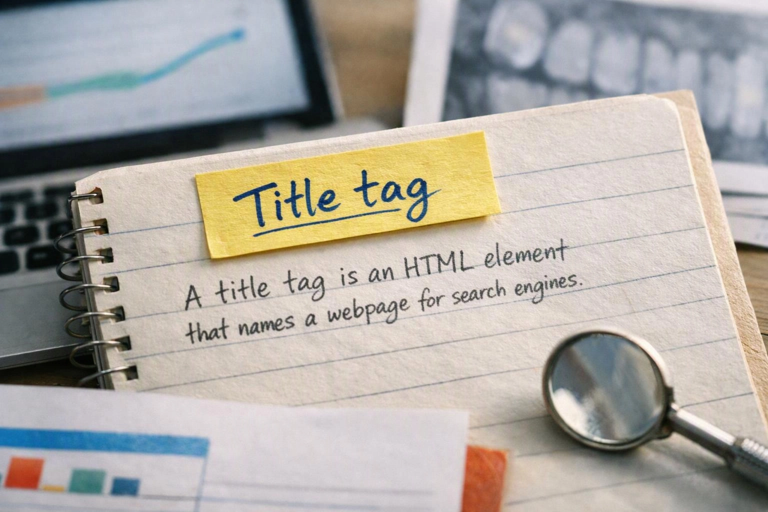 Notebook page with a yellow note reading "Title tag" beside a magnifying glass and blurred computer screens
