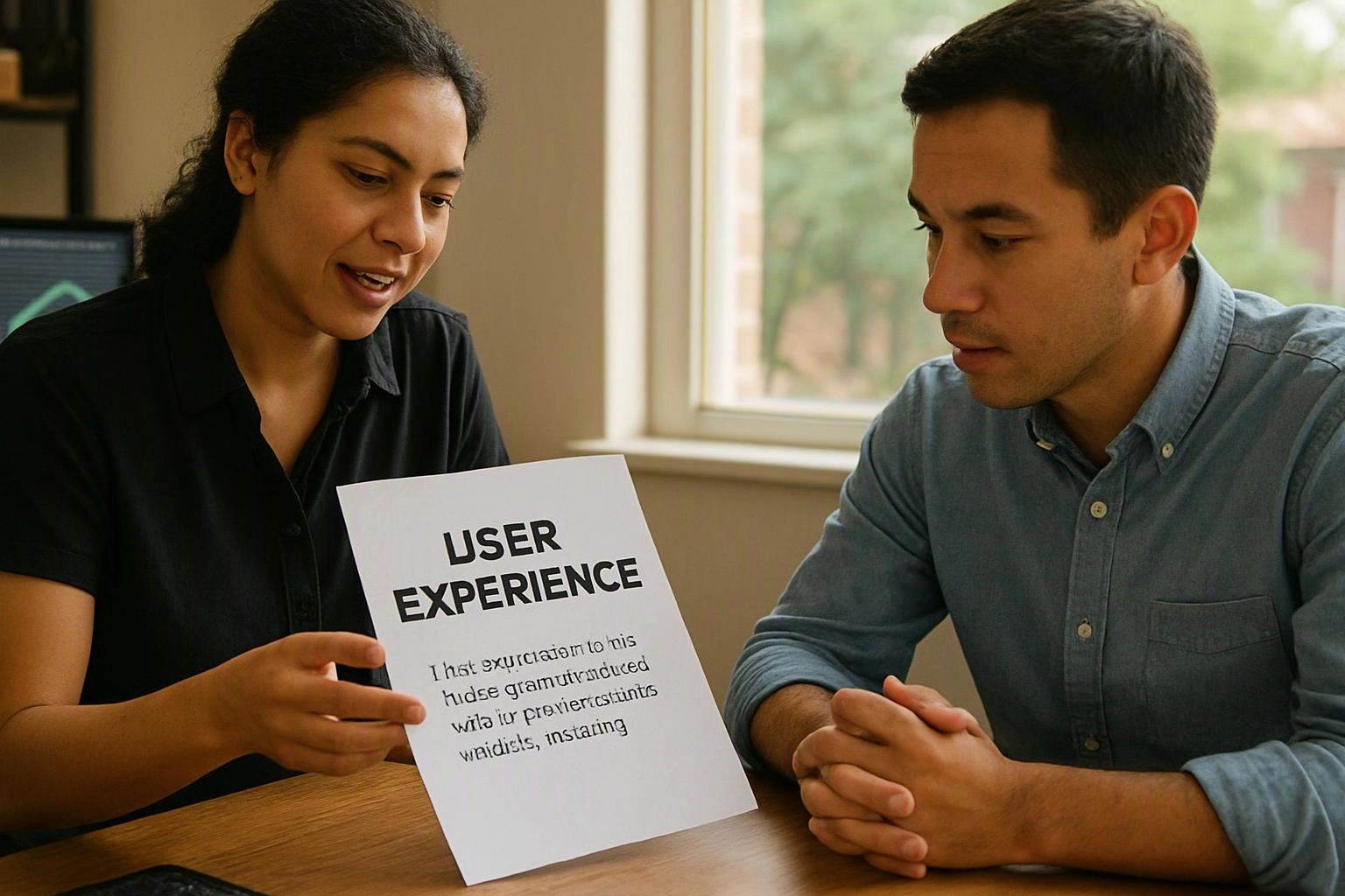 Two people study a paper labeled “USER EXPERIENCE” at a table by a bright window